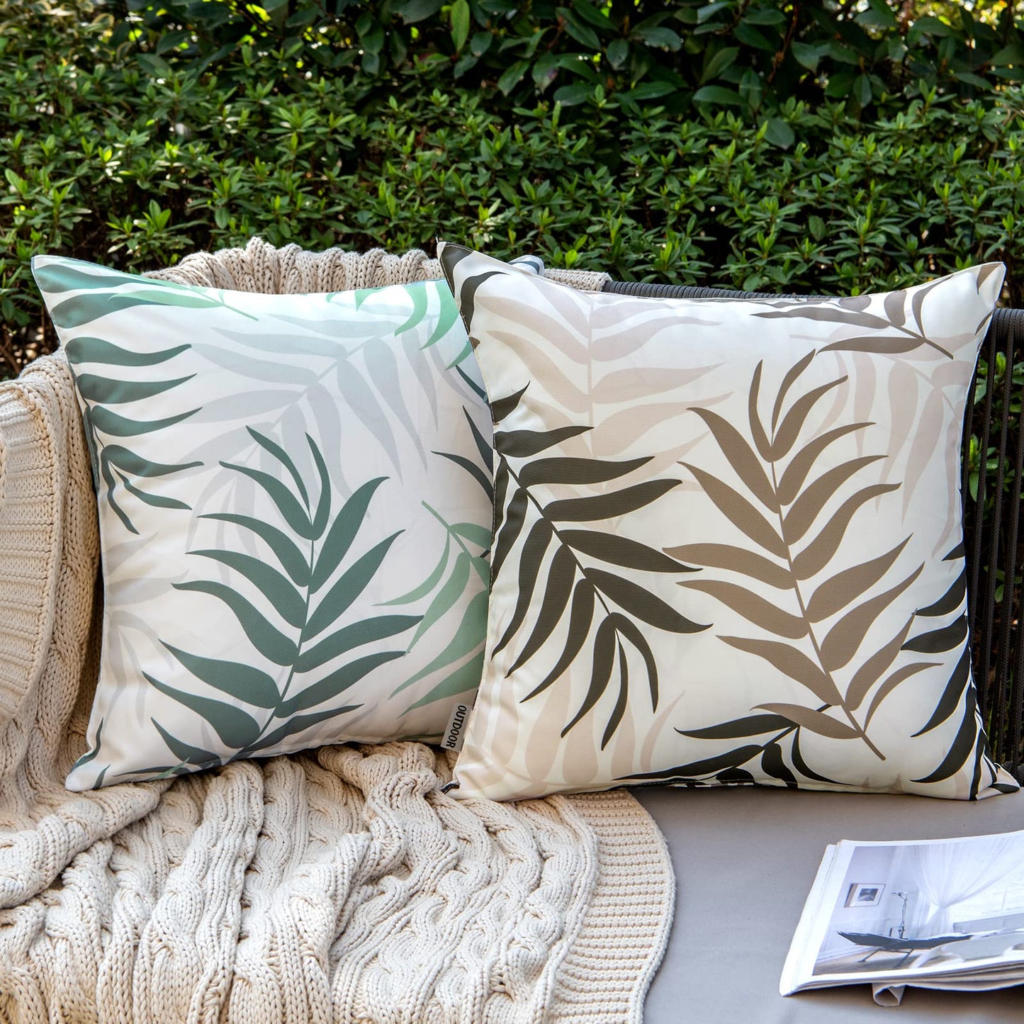 MIULEE Pack of 2 Decorative Outdoor Waterproof Throw Pillow Covers Patio Pillow Cases Natural Leaves Pattern Spring Square Cushion Shams Shell for Garden Balcony Couch 20x20 Inch, Coffee Brown