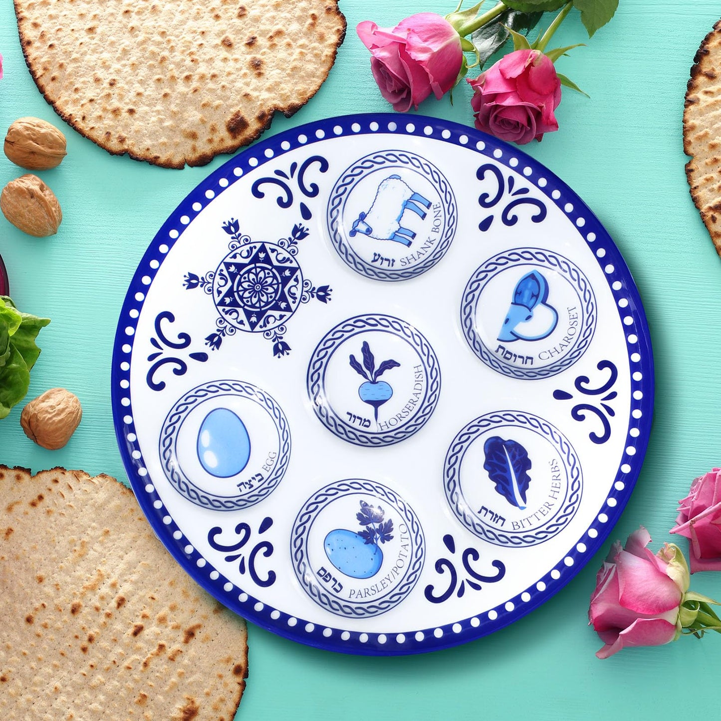 Jingmore 6 Pack Passover Decorations Seder Plates Plastic Pesach Plate Passover Seder Dish for Pesach Feast Party Favors 10 Inch (Blue Renaissance)