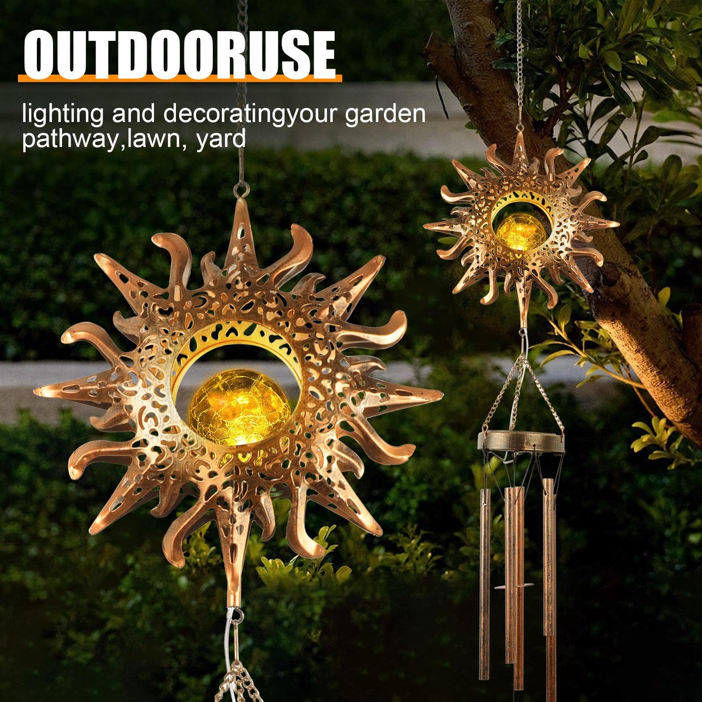Fohil Solar Wind Chime,Sun Crackle Glass Ball Solar Powered Wind Chimes with Deep Tone for Hanging Outside Decor,Solar Light Outdoor Waterproof for for Mom Women Grandma Garden Spiritual Gifts