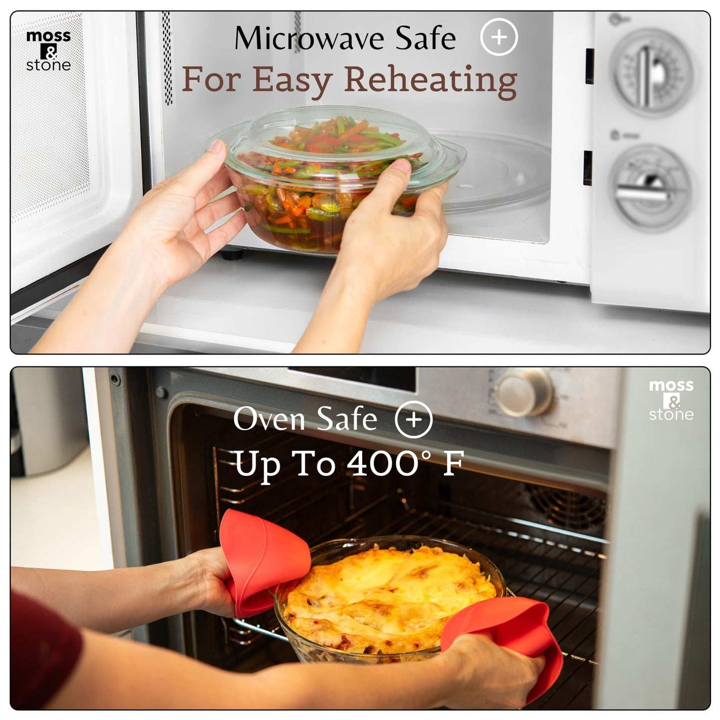Moss & Stone Basics 3-Piece Glass Casserole Set, Borosilicate Glass, 3 Round Dishes With Lid, Oven & Microwave Safe