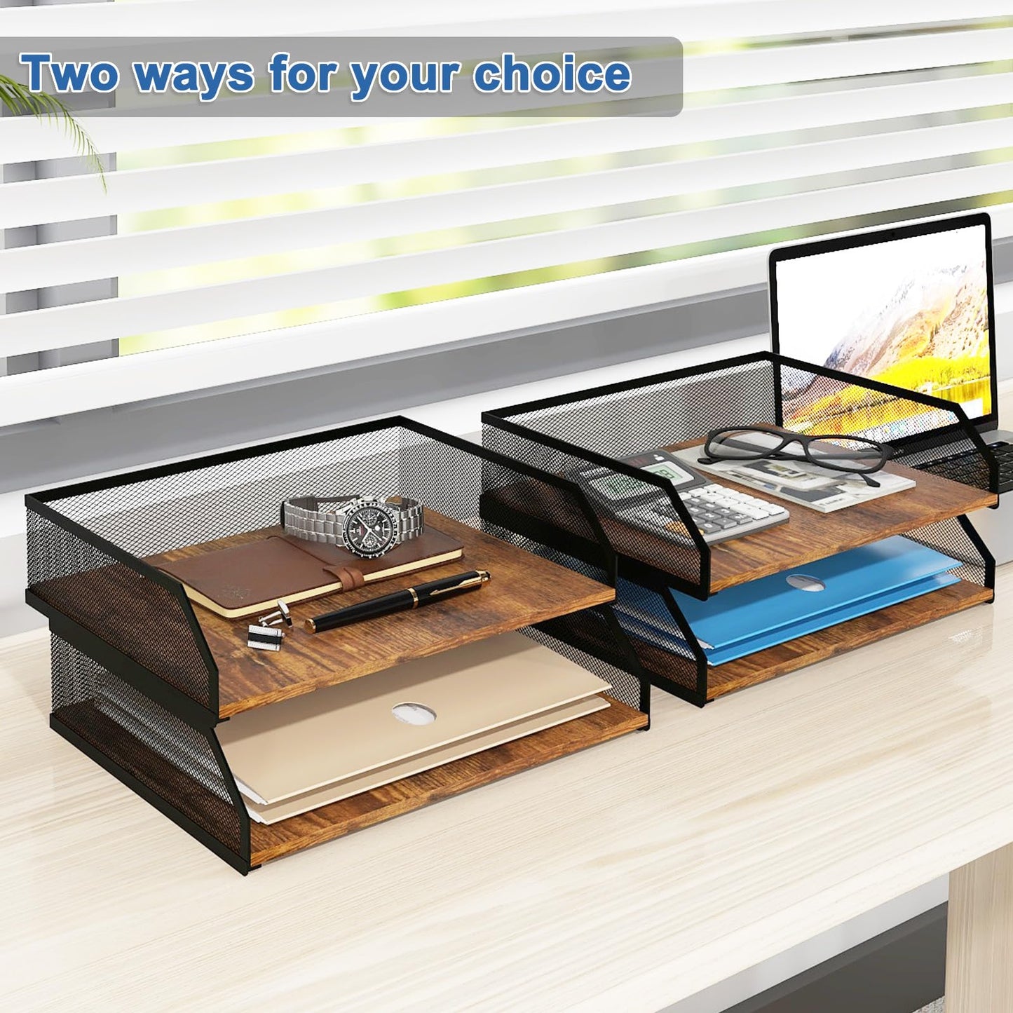 Natwind 2-Tier Wooden Stackable Paper Tray, Metal Mesh Desktop Organizer, Paper Sorter, Letter Trays,File Document Storage Rack for for Home, Office, School (Retro)