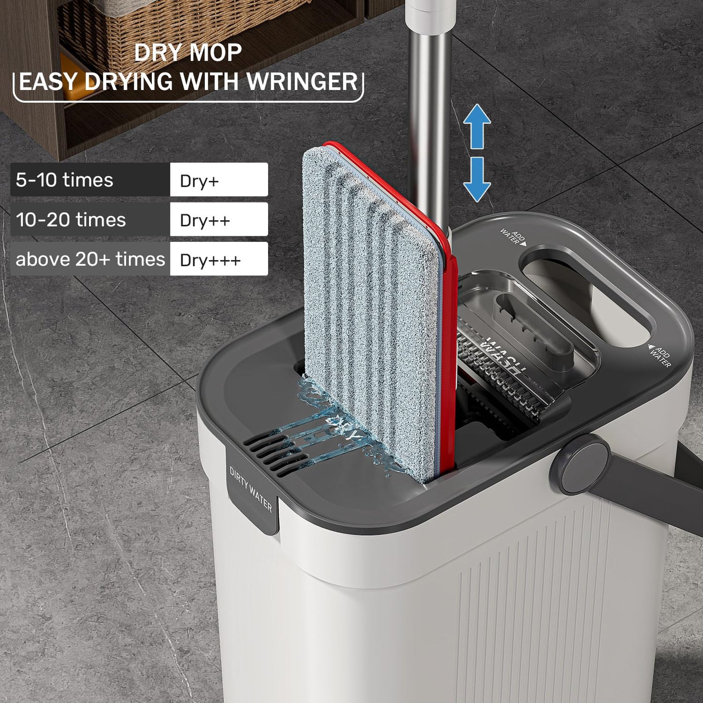Mop and Bucket Set, 3-Tank Flat Mop and Bucket System for Separate Dirty & Clean Water, 65" Mops for Floor Cleaning with Washable Pads (Flat Mop Bucket with 4 Pad)