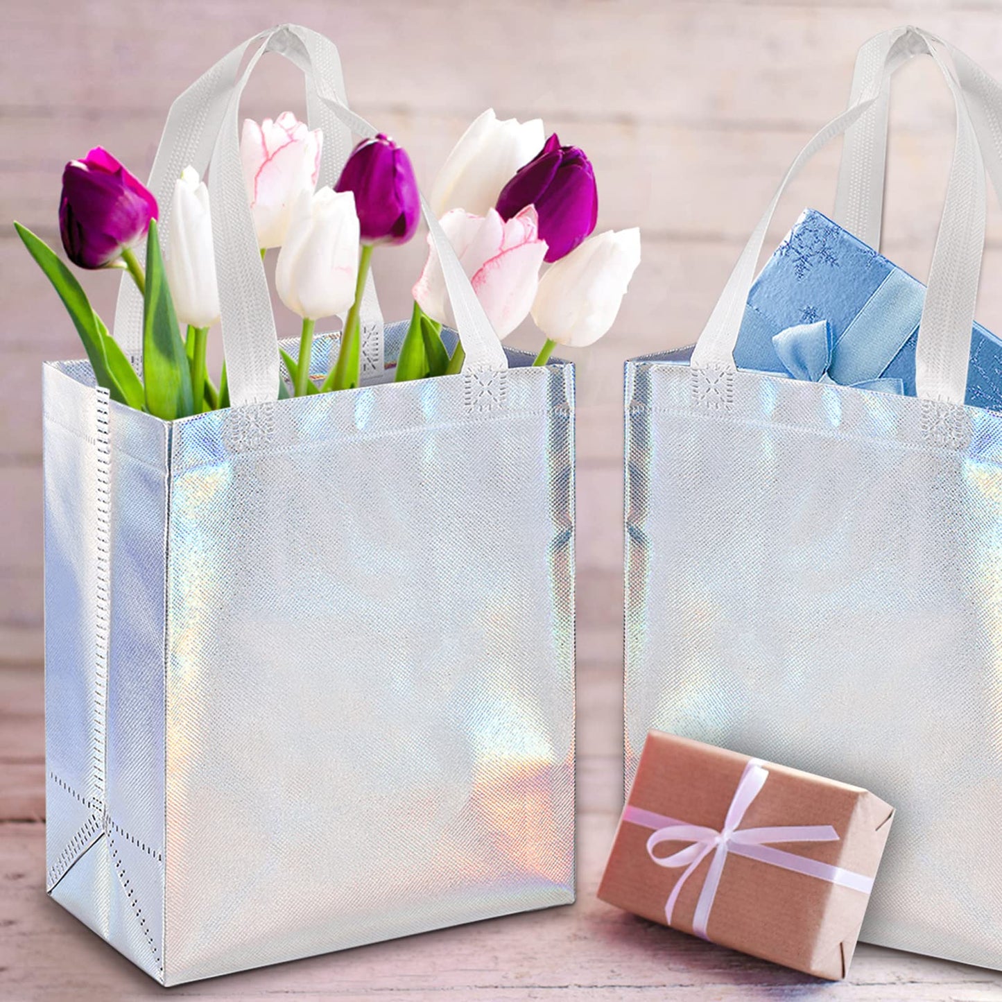 TOPZEA 40 Pack 10 x 8 Inch Glossy Reusable Grocery Bags, Non-woven Tote Shopping Bags with Handle, Bridesmaid Bag Stylish Foldable Gift Goodie Bag for Small Business, Wedding, Easter, Birthday