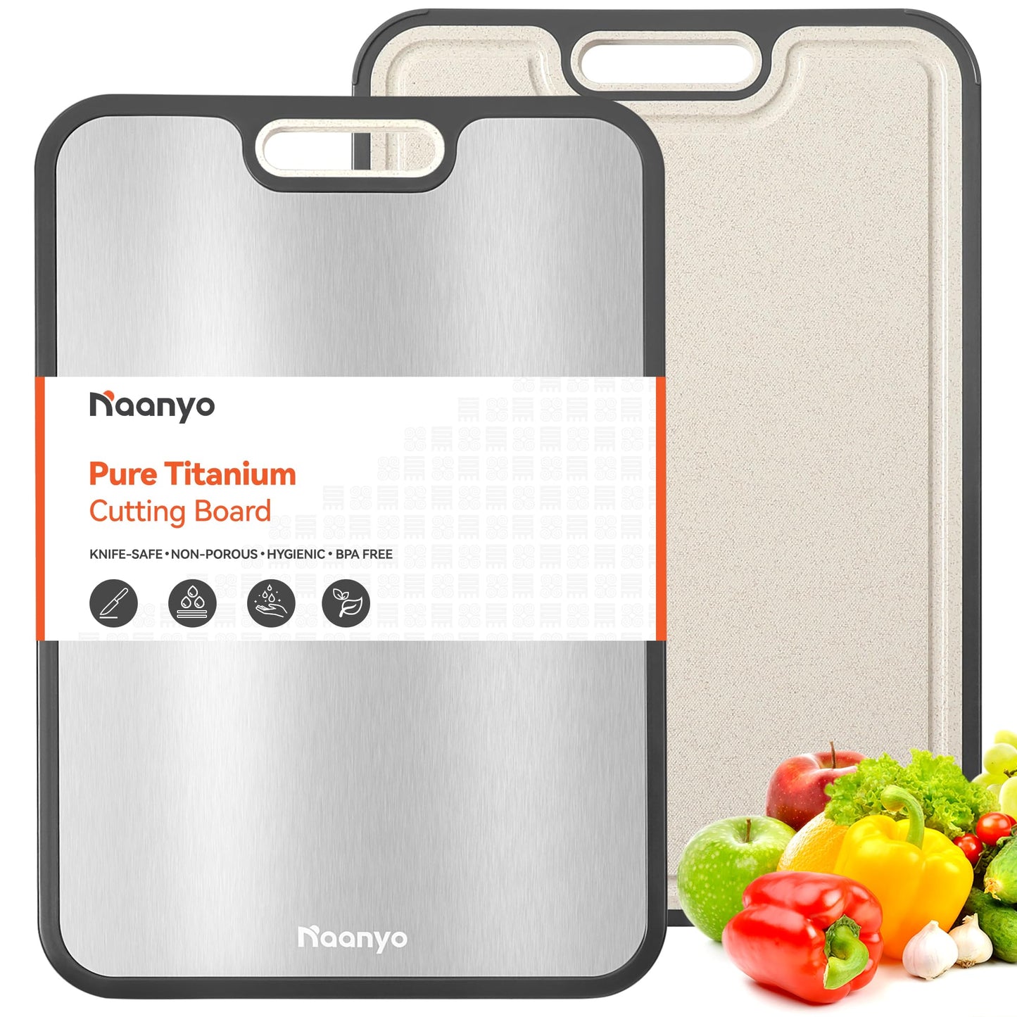 Naanyo Titanium Cutting Board for Kitchen – Food Grade Pure Titanium, Non-Porous & Easy to Clean, 2-in-1 Chopping Board for Meat, Vegetables & Fruit, Large 16”×11”