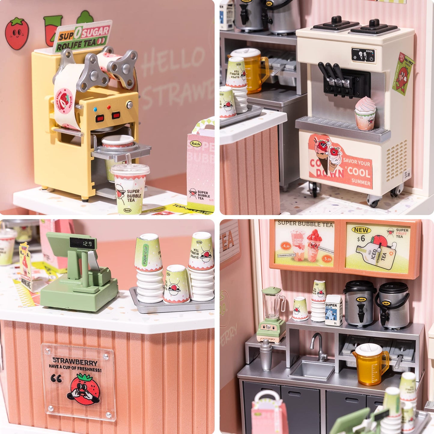 Rolife LED Building Blocks for Adults,1:24 Toy Building Sets,Model Building Kits for Kids Ages 8-12-15,DIY Miniature Dollhouse Kits for Adults,Hobbies for Women Men (4.Double Joy Bubble Tea)
