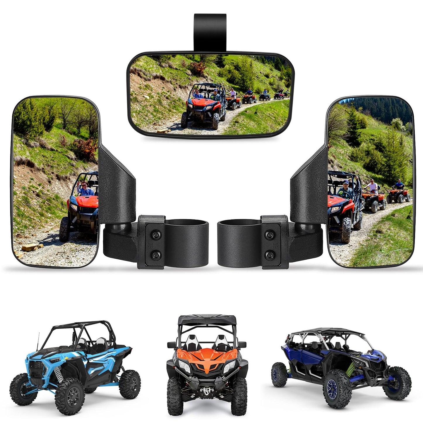 KEMIMOTO UTV Side Mirrors And Center Mirror with 1.6" to 2" Roll Bar Cage, Adjustable Rear View Side Mirrors Compatible with Polaris RZR, Zforce, Commander Maverick X3, Viking, Rhino, Teryx