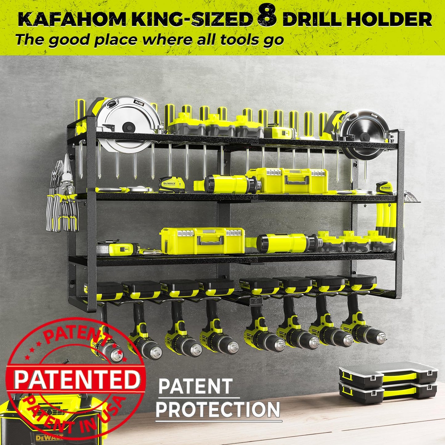 KAFAHOM Power Tool Organizer-8 Drill Holder Wall Mount,4 Layer Heavy Duty Metal Power Tool Storage Rack,Garage Tool Organizer and Storage with Screwdriver/Plier/Hammer Holder