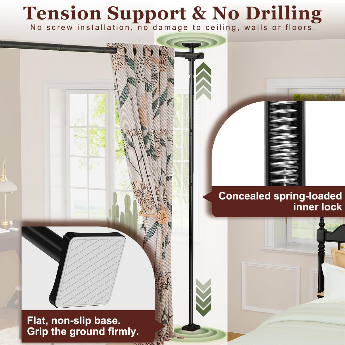 Goovilla Room Divider for Room Separation, Tension Curtain Rods No Drilling, 4-10ft(H) 28-114inch(W) Adjustable Temporary Privacy Wall Divider, Heavy Duty Freestanding Space Partition Separator, Black