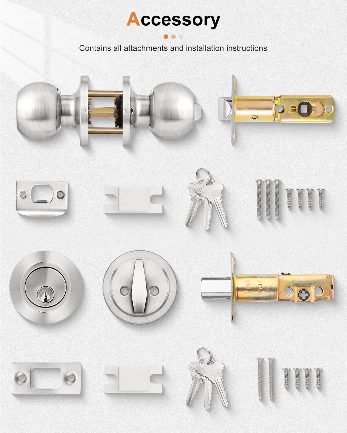 Probrico 2 Sets Front Exterior Door Knob Set with Single Cylinder Deadbolts Satin Nickel,Round Entry Door Knobs with Dead Bolts Combo Pack, Keyed Alike Door Hardware, Contractor Pack