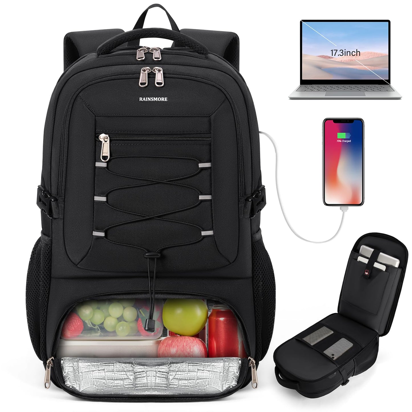 RAINSMORE Insulated Lunch Backpack for Men Women, 17.3 Inch Laptop Backpack with lunch compartment and USB Port and TSA Approved, for Work, Travel, Daily Life