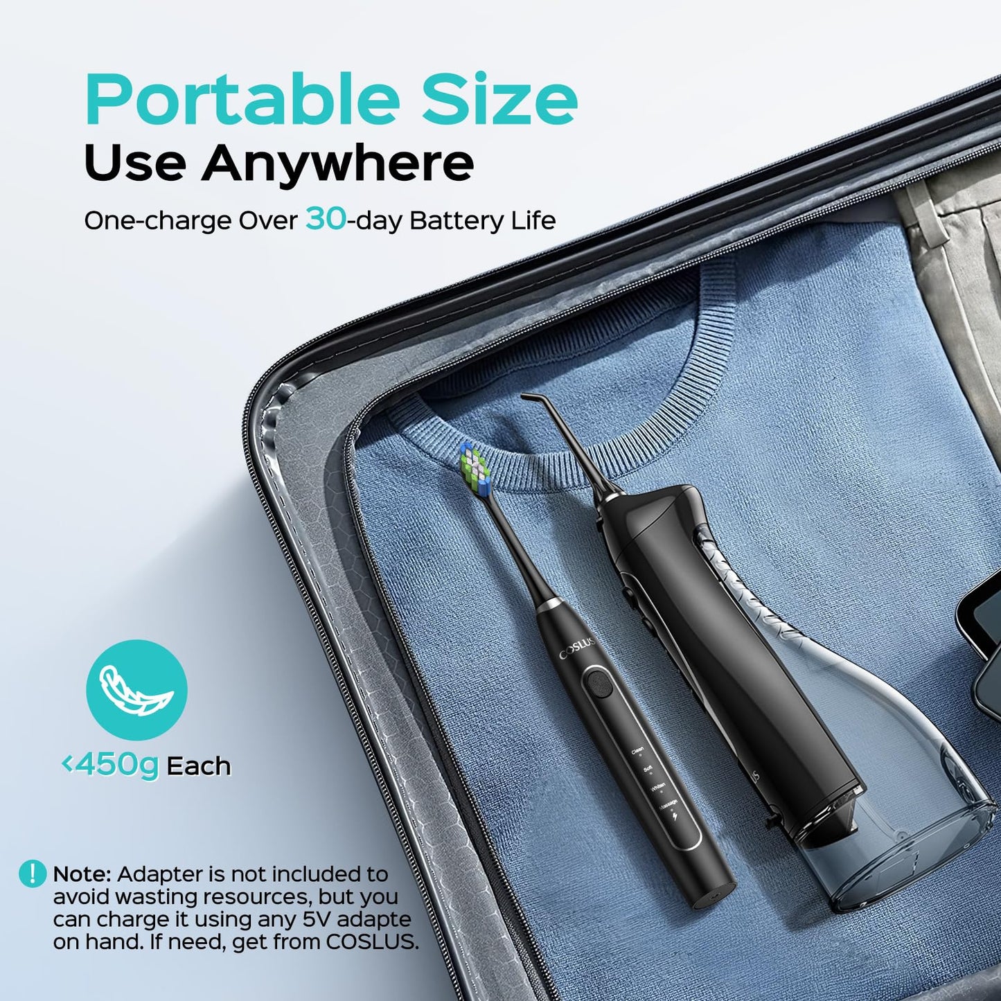 COSLUS Water Teeth Flosser & Electric Toothbrush Combo: 2-in-1 Portable Deep Cleaning Kit, Sonic Toothbrush and Pick with Multiple Modes & 4 Tips 4 Brushes for Family, IPX7 Waterproof, Black, C20&C41