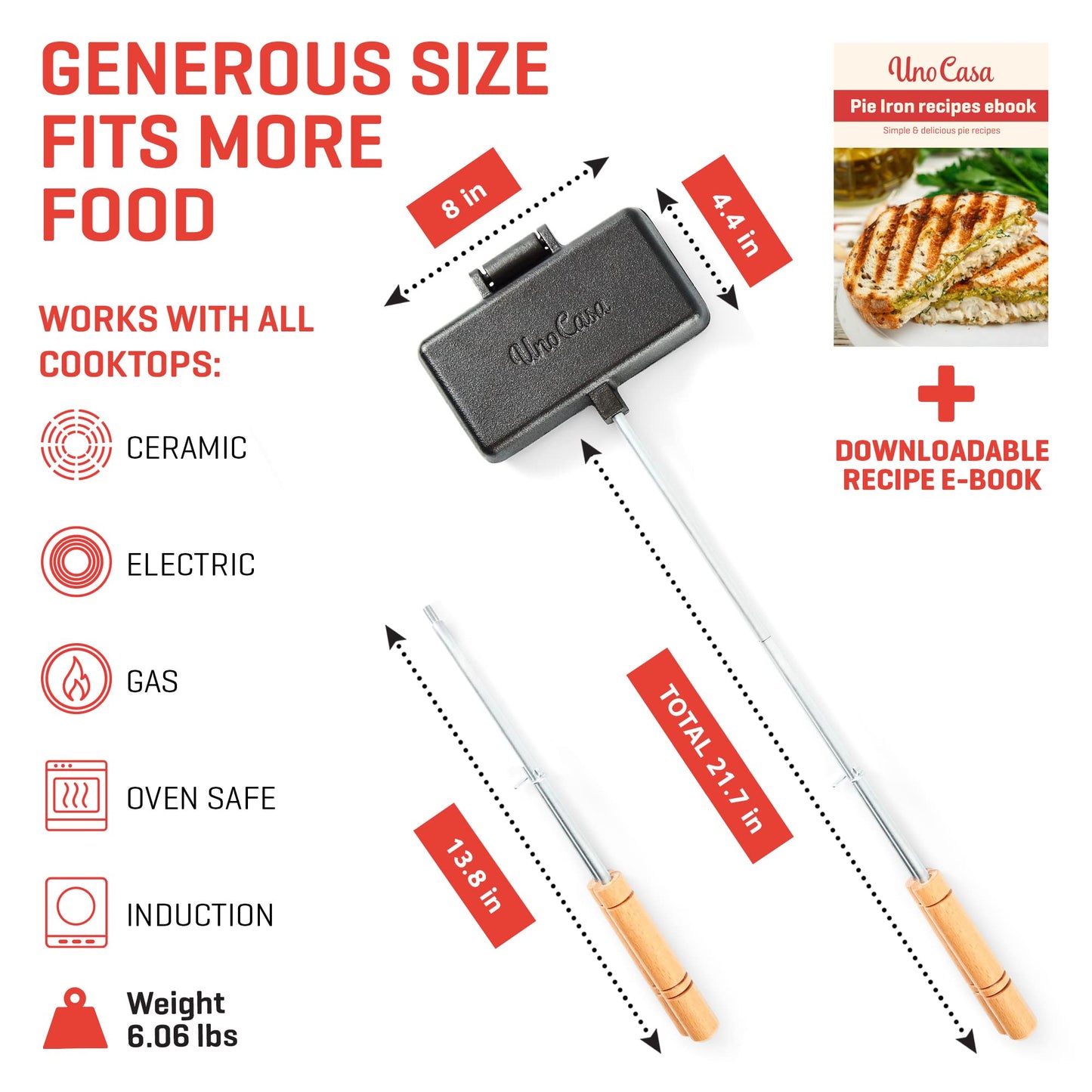 Uno Casa Cast Iron Pie Iron - Campfire Pie Iron Sandwich Maker with Detachable/Extendable Handles, Camping Mountain Pie Iron - Pre-Seasoned Cast Iron Camp Cooker