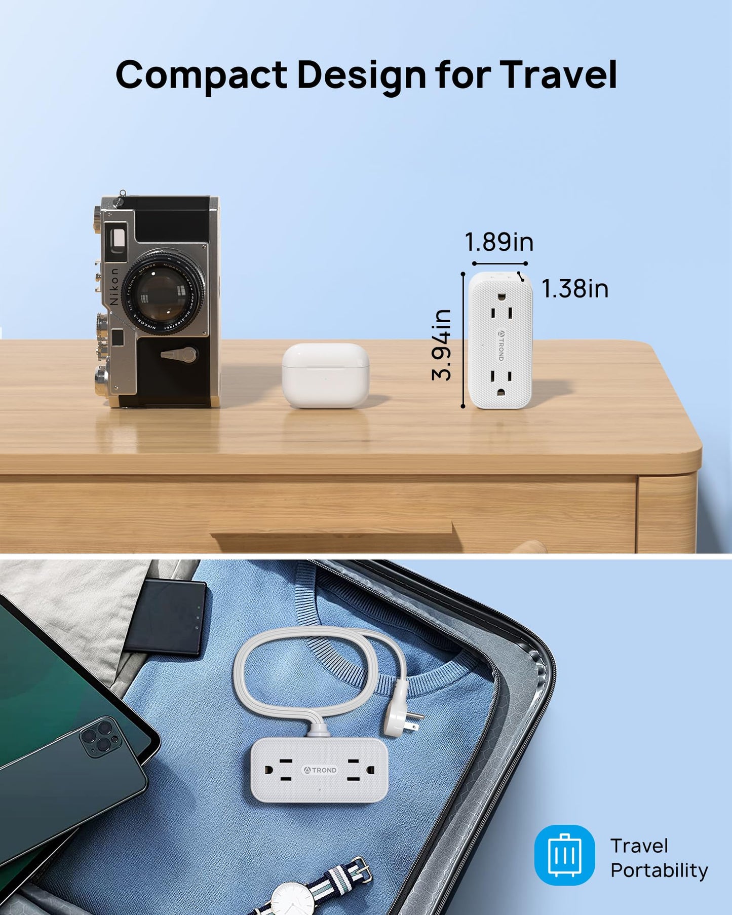 TROND 360° Rotating Flat Plug Power Bar with USB C, 10ft Slim Extension Cord Indoor, 4 Widely Spaced Outlets, 900J Surge Protector, Small Outlet Extender for Home Office Dorm Travel Essentials, White