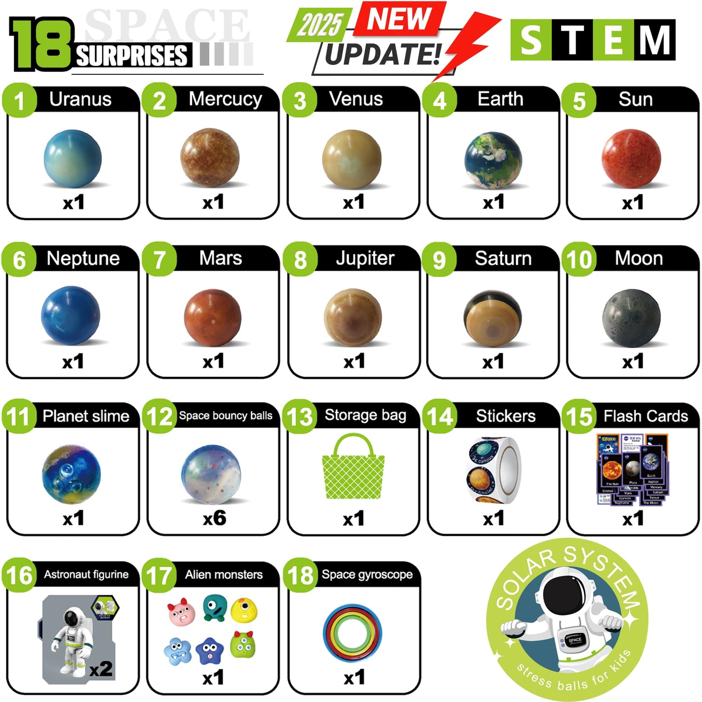 Solar System Planets Stress Balls Toys for Kids, Adult, Space Astronauts Toy, STEM Educational Sensory Toys for Autistic Children Non-Toxic, with 16 Spaceballs, 2 Astronauts, 1 Mesh Storing Bag