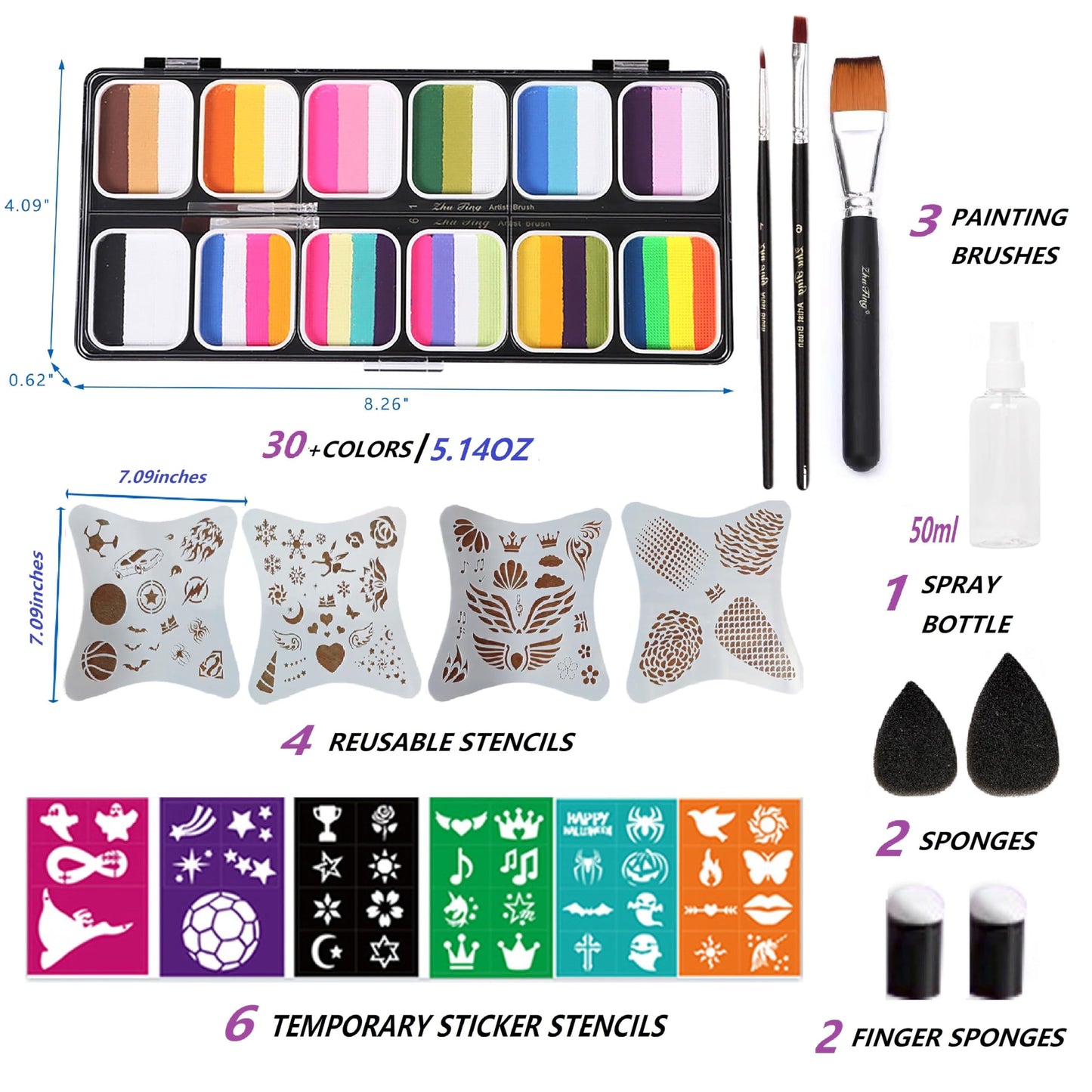 Face Painting Kits for Kids Adults Party Professional Split Cake Palette Water Actived Body Paint for Skin with Brushes Sponges Stencils Non-Toxic & Washable for Birthday Children's Day
