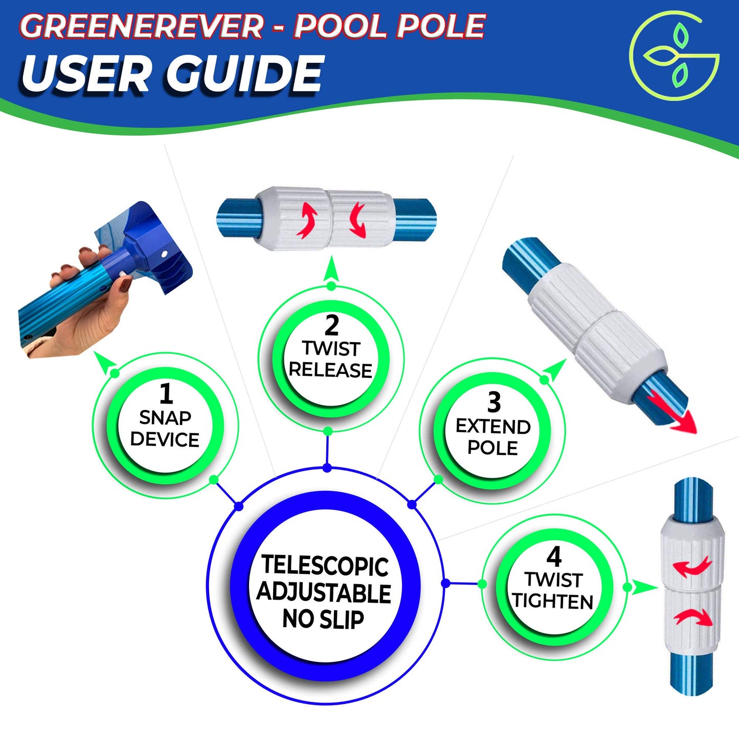 Greenerever 270 cm Swimming Pool Pole Telescopic Aluminum Rod for Skimmer Nets Vacuum Heads with Hoses Rakes Brushes | Adjustable Length | 1.3 mm Commercial Thick Pole | Ribbed Finish Blue