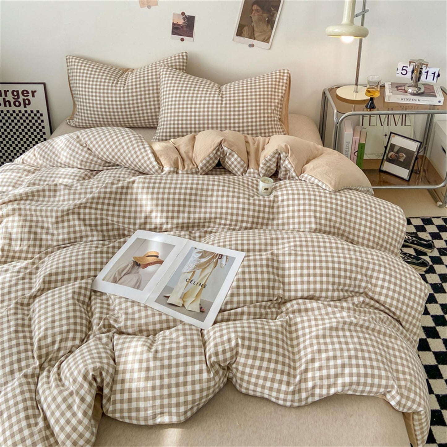 Nayoroom Gingham Duvet Cover Queen Size Brown Tan Plaid Checkered Comforter Cover Grid Farmhouse Dorm Bedding Set 3 Pcs Soft Breathable Washed Microfiber Gifts for Women Men