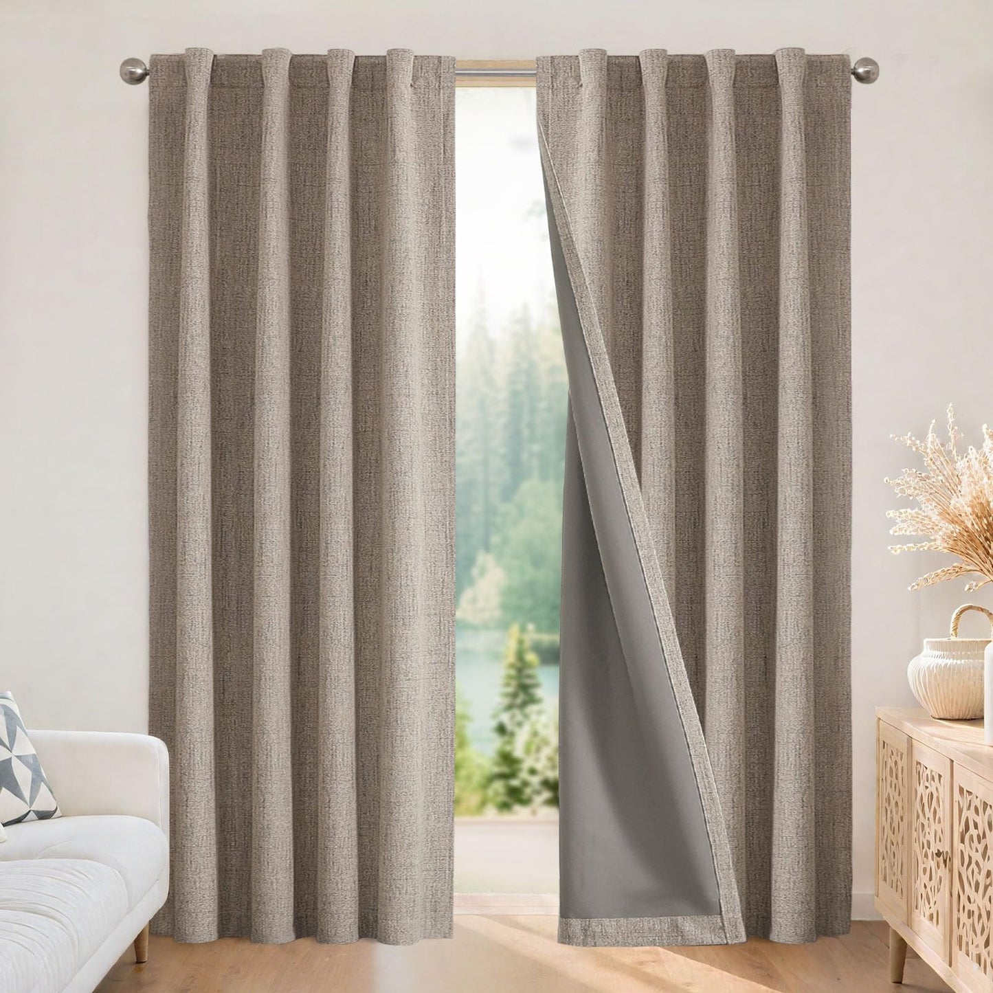 Joydeco Blackout Curtains 2 Panels - Natural Linen Curtains 84 Inch Long, Thermal Insulated Linen Light Blocking Drapes, Rod Pocket & Back Tabs, Darkening Privacy for Living Room Bedroom