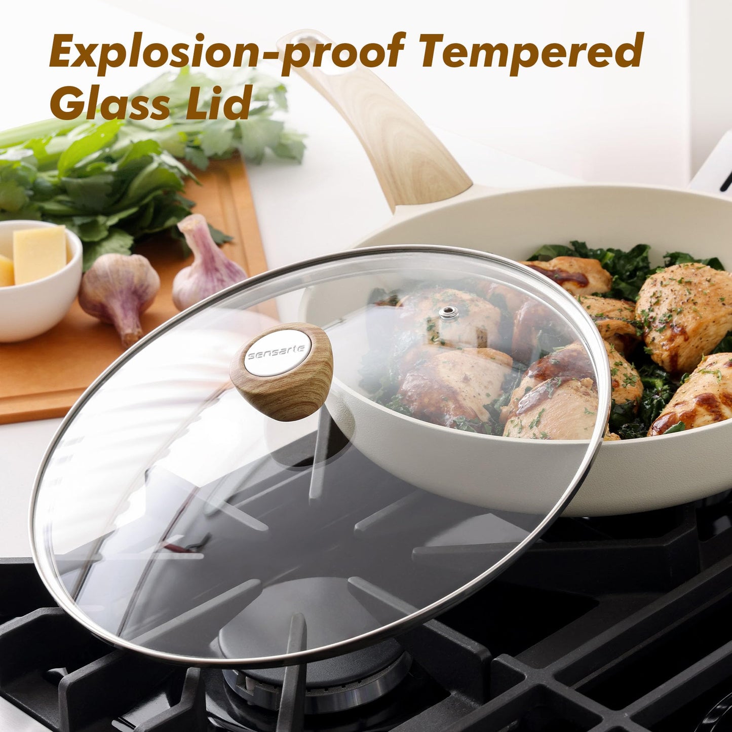 SENSARTE Ceramic Nonstick Frying Pan Skillet with Lid, 9.5/11/12.5 Inch Non Stick Pan Wok, Healthy Kitchen Cooking Sauté Pans, Free of Intentionally Added PFOA/PFAS/PTFE, Induction Compatible, White
