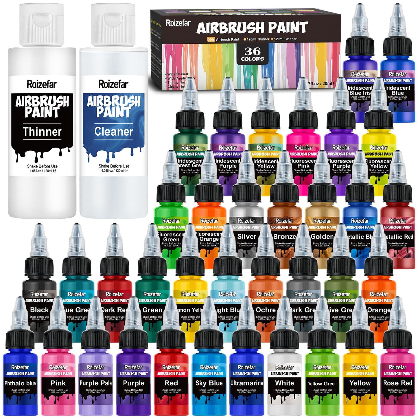 Roizefar Airbrush Paint, 36 Colors with 4.05 Fl Oz Thinner & 4.05 Fl Oz Cleaner, Water-Based Air Brush Paints Acrylic Ready to Spray, Includes Iridescent, Metallic, Neon, Classic Colors, 20ml/Bottle