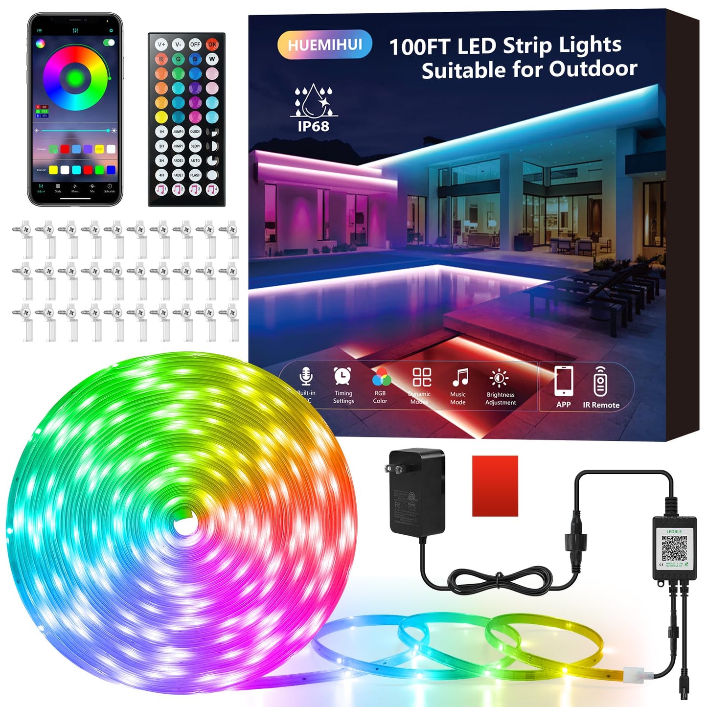 100Ft/30M Outdoor LED Strip Lights,Waterproof IP68 Ultra Long RGB Color Changing LED Lights with IR Remote and APP, 24V Music Sync Light Strips,Flexible Outdoor LED Tape Lights for Garden Terrace