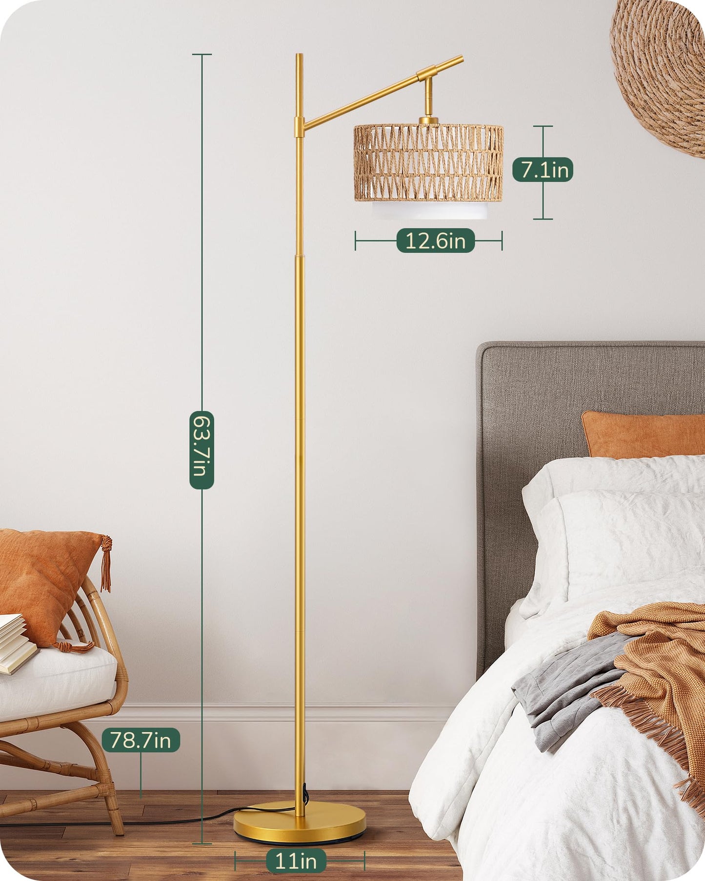 EDISHINE 64" Arc Floor Lamp with Remote, Gold Farmhouse Standing Lamps for Living Room, Rattan & Fabric Dual Shades, Dimmable LED Bulb, Foot Switch, Adjustable Head Boho Lamp for Bedroom, Nursery