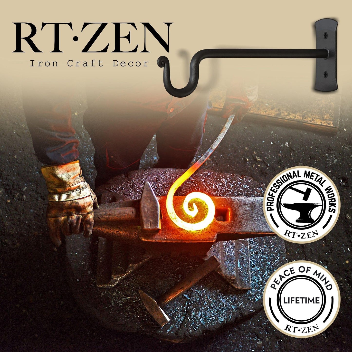 RTZEN Plant Hanger Shepards Hook - Hand Forged Heavy Duty Wrought Iron Wall Decor - Indoor or Outdoor Shepherds Hook Hanging Bracket for Bird Feeders Lanterns Baskets and Wind Chimes - 2 Pack
