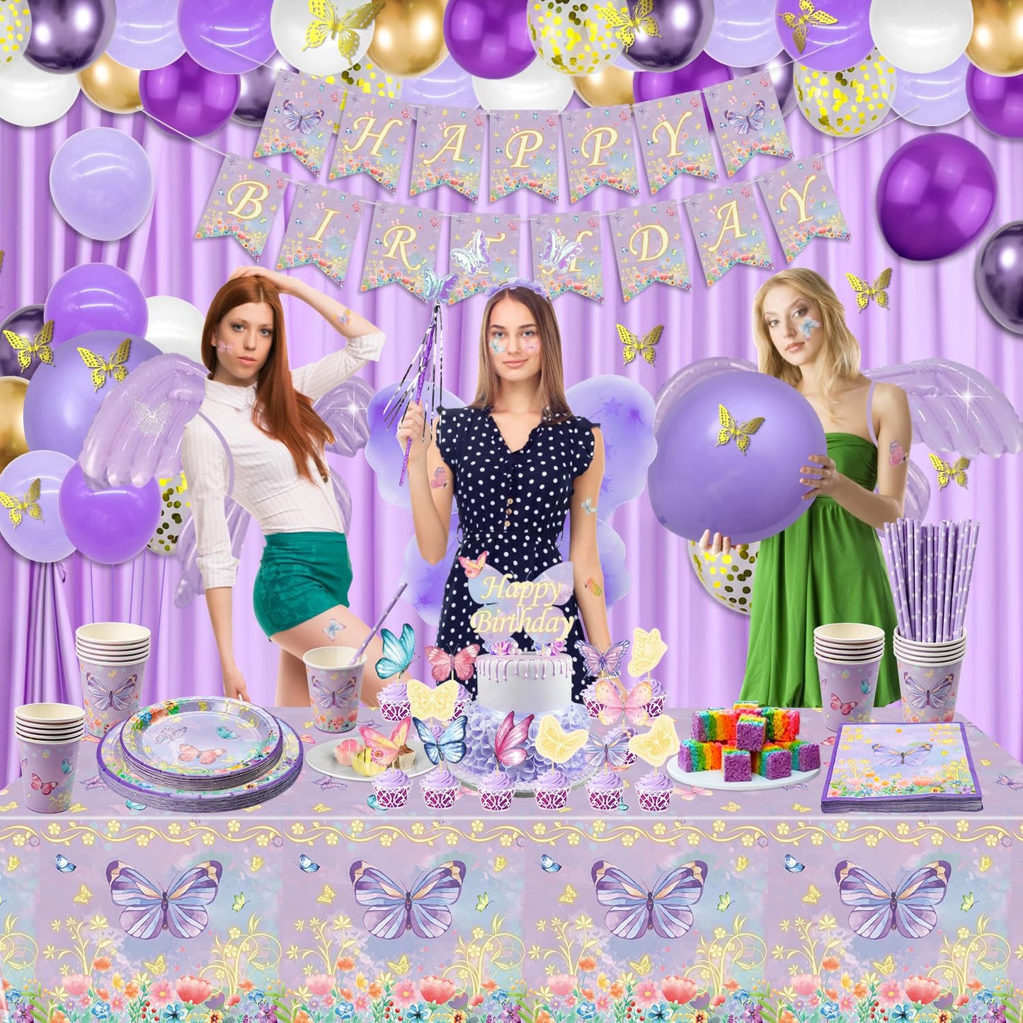 213 Pcs Purple Butterfly Decorations - Include Plates, Cups, Tablecloth, Balloon, Birthday Banner, Butterfly Stickers, Fairy Wing Set for Princess Fairy Birthday Decorations Supplies