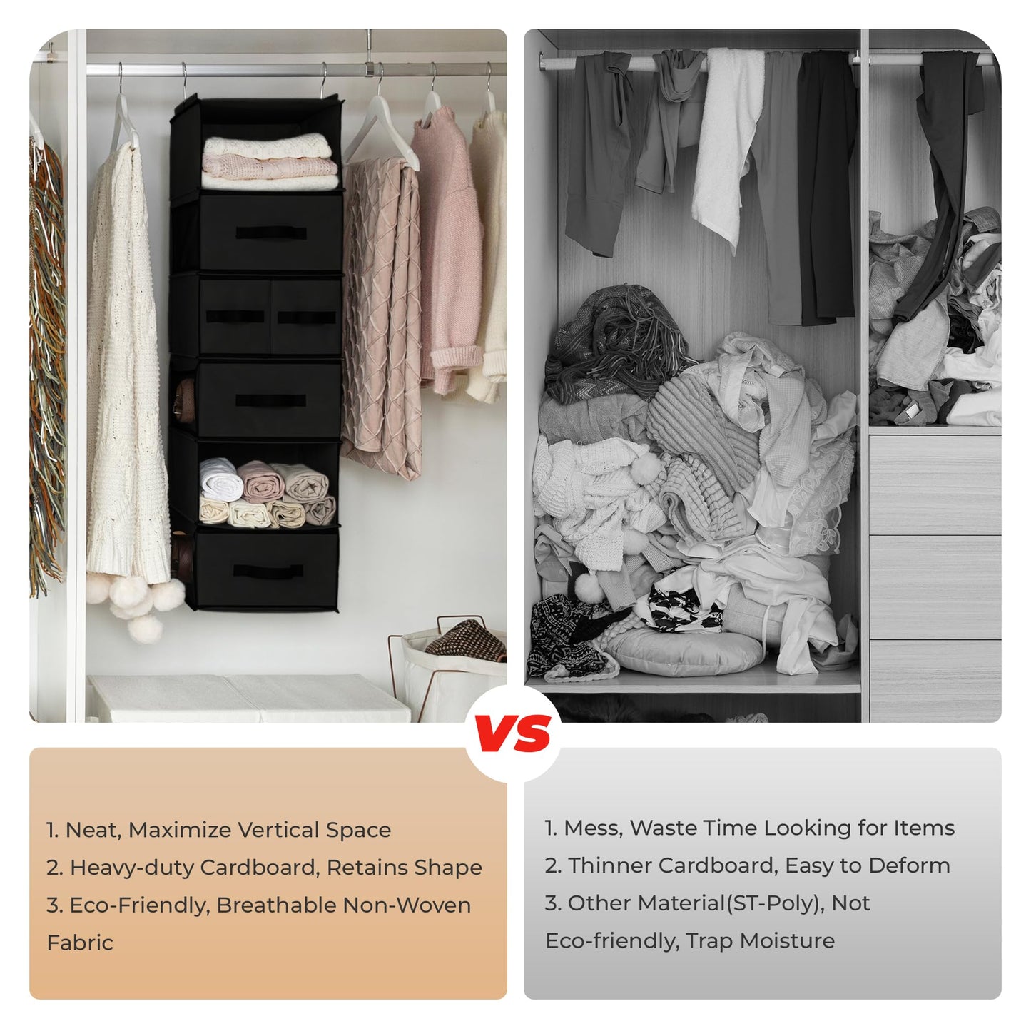 GRANNY SAYS Hanging Closet Organizer with Drawers, Rangement Garde Robe, Hanging Storage Organizer, Closet Organizers and Storage for Clothes, 1-Pack, 31 x 35 x 108.4cm, 6-Shelf, Black