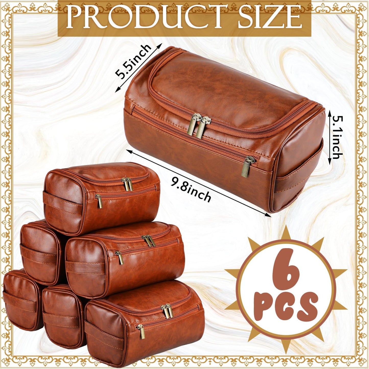 Aliceset 6 Pcs Groomsmen Gift Groomsmen Toiletry Bags Set of 6 Leather Toiletry Bag for Men with Hook Leather Wedding Proposal Bag with Side Handle Father Gift(Brown)