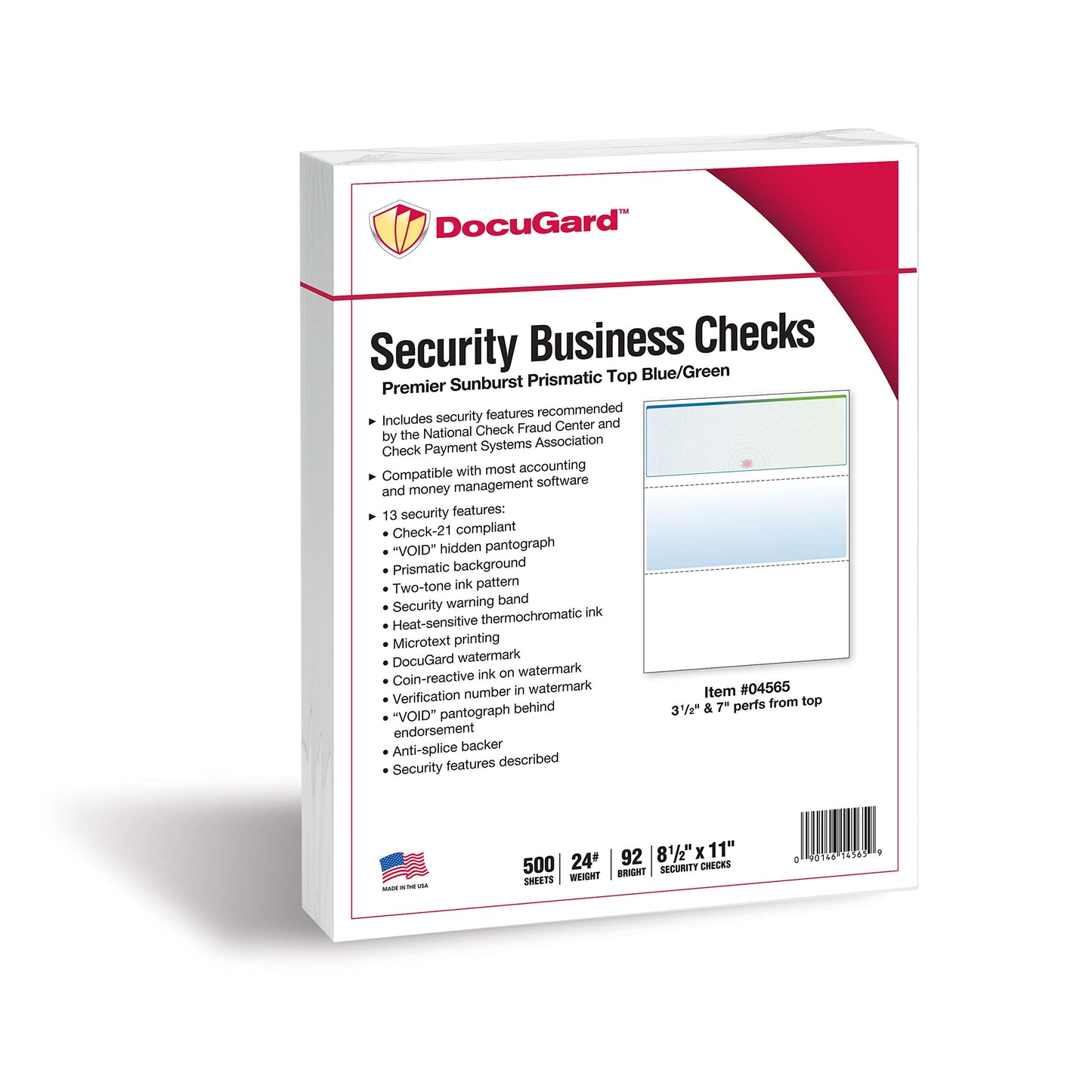 DocuGard Blue/Green Sunburst Premier Prismatic Top High Security Check Paper - QuickBooks & Laser/Inkjet Printer Compatible - 13 Security Features - 500 Blank Business Checks (04565)