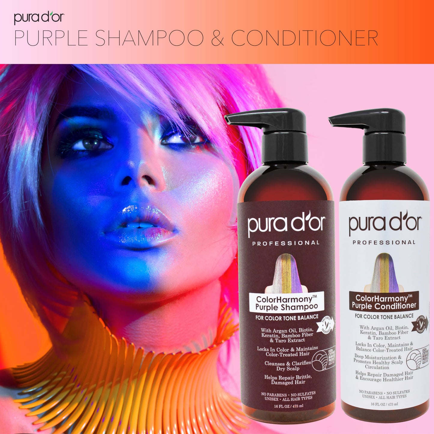 PURA D'OR Professional Grade Purple Biotin ColorHarmony Shampoo & Conditioner Set (16oz x 2) Blonde, Silver & Color Treated Hair - Keratin, Bamboo Fiber, Sulfate Free, Natural Ingredients: Men & Women