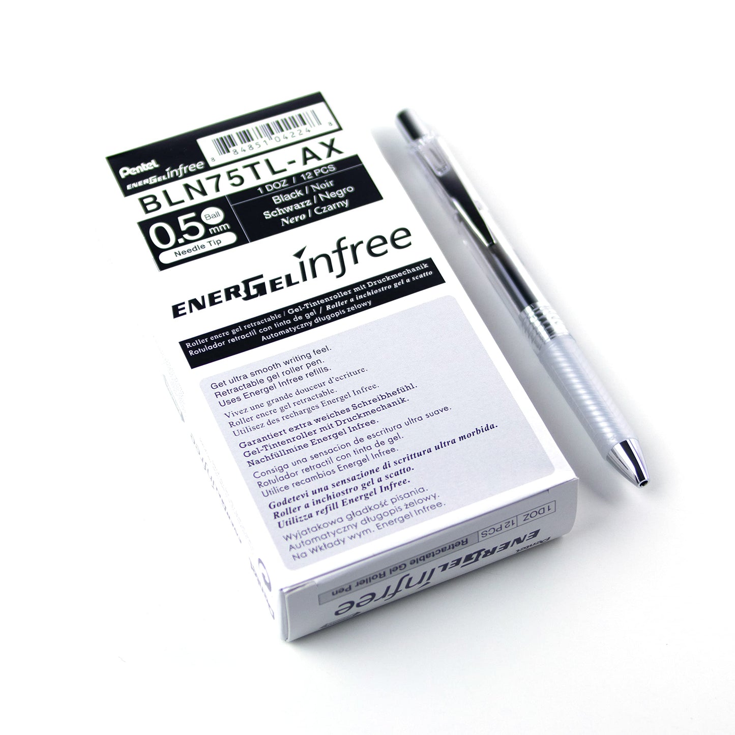Pentel EnerGel Infree, Clear Barrel, Retractable Liquid Gel Pen, Everyday Use, Office Supplies, School Supplies, 0.5mm Fine Point, Needle Tip, Black Ink, BLN75TL-A, Box of 12