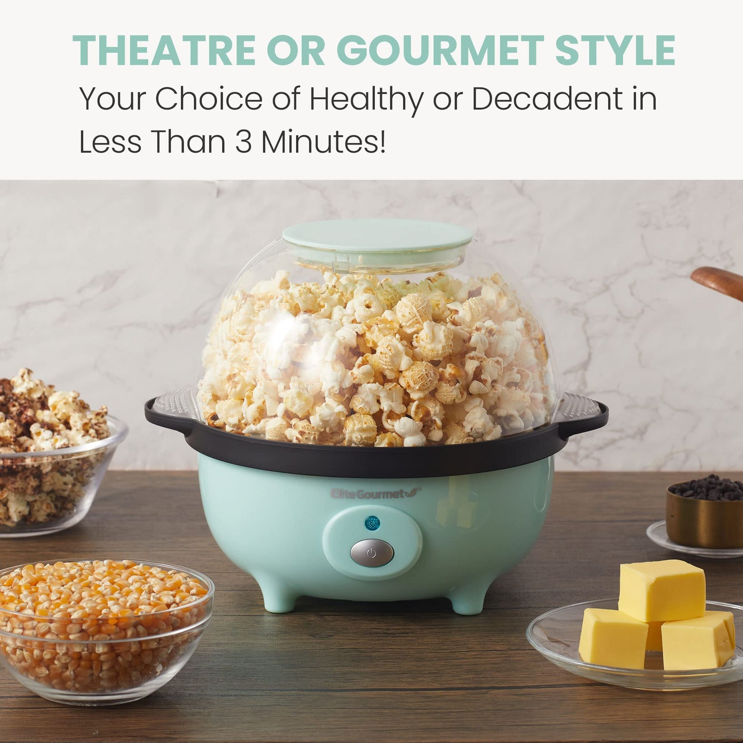 Elite Gourmet EPM330M Automatic Stirring Popcorn Maker Popper, Electric Hot Oil Machine with Measuring Cap & Built-in Reversible Serving Bowl, Great for Home Party Kids, ETL Approved, Mint, 3-Quart