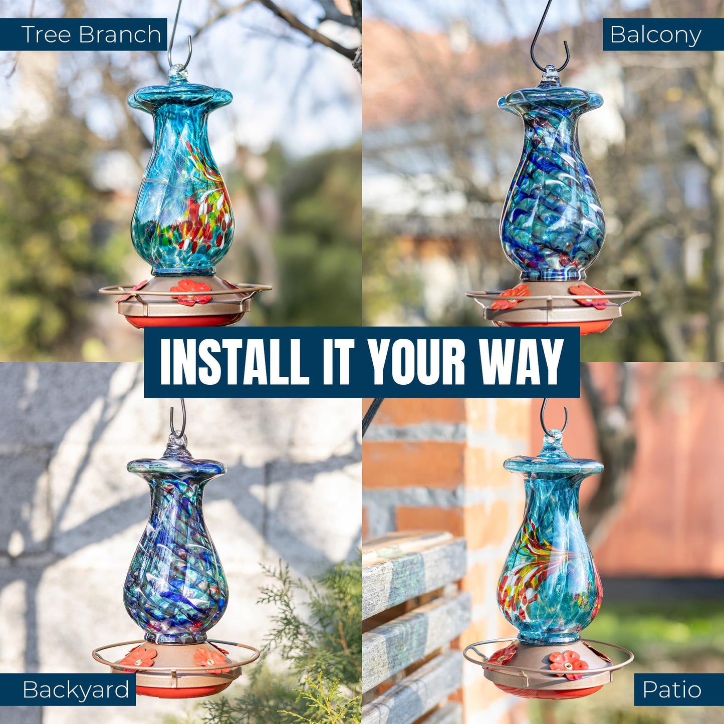 MEKKAPRO Glass Hummingbird Feeder, Hanging Hummingbird Feeders for Outdoors, 4 Feeding Ports, Glass Hummingbird Feeders for Outdoors Hanging, Includes S-Hook and Cleaning Brush (Flower, Sky Blue)