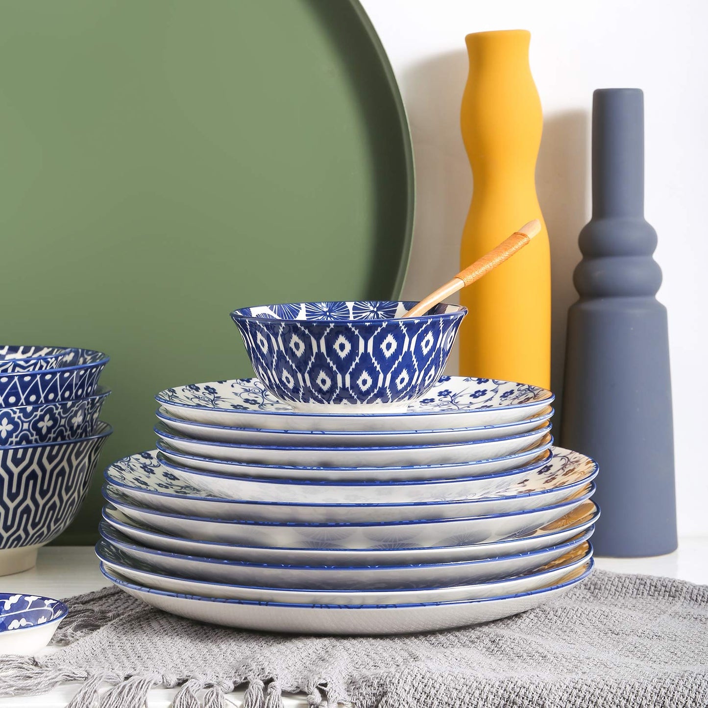 Selamica Plate Set, 26.5 cm Serving Plate, Cake Plate, Dessert Plates for Salad, Pancakes, Steak, Set of 6, Vintage Blue