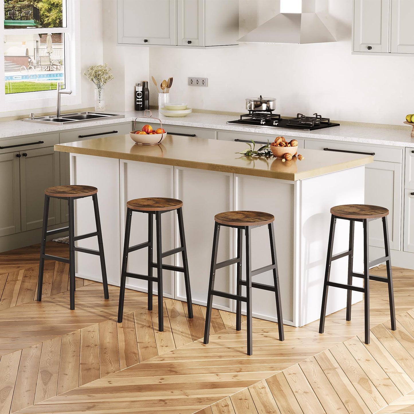 MAHANCRIS 71 cm Bar Stools, Set of 2 Round Bar Chairs with Footrest, Tall Counter Bar Stools, Kitchen Breakfast Bar Stools, Easy Assembly, for Dining Room, Kitchen, Rustic Brown BAHR02701