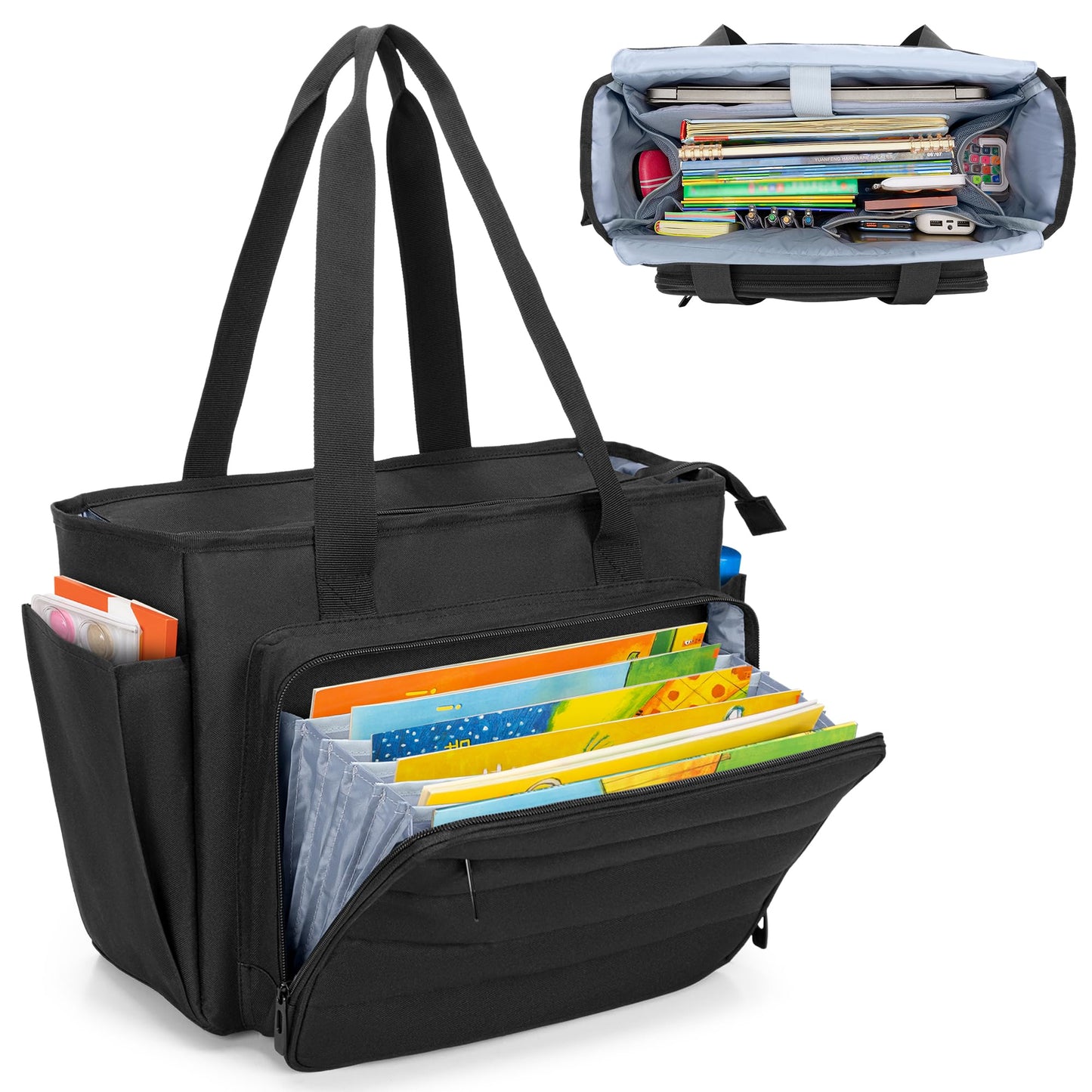 CURMIO Large Teacher Tote Bag for Women, Portable Teacher Bag with Accordion Organizer Compartment and Padded Laptop Sleeve for School Supplies, Ideal Gifts for Teachers, Black (Patent Pending)