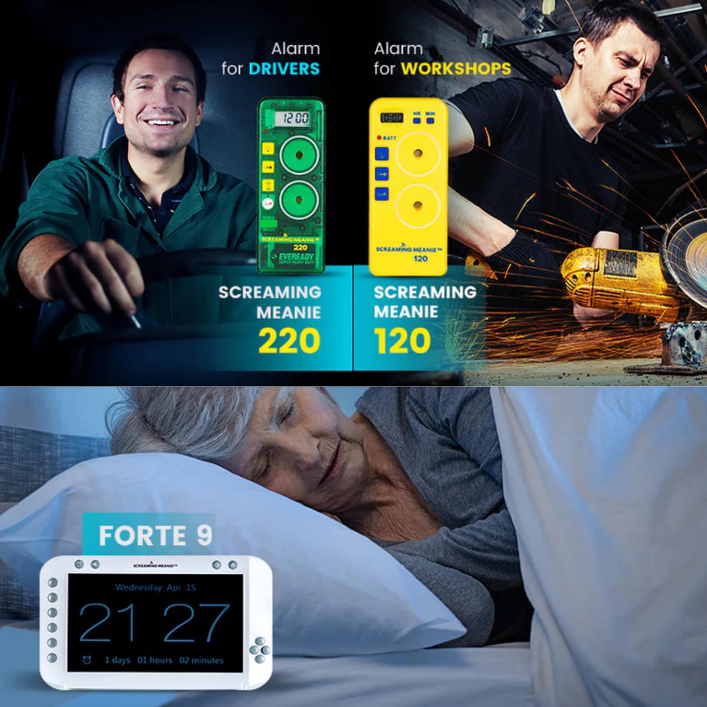 Screaming Meanie 220 Alarm Clock and Timer, Extremely Loud for Deep Sleepers, Multi-Purpose Clock, 3 Sound Levels (with 9v Battery Included) - Black