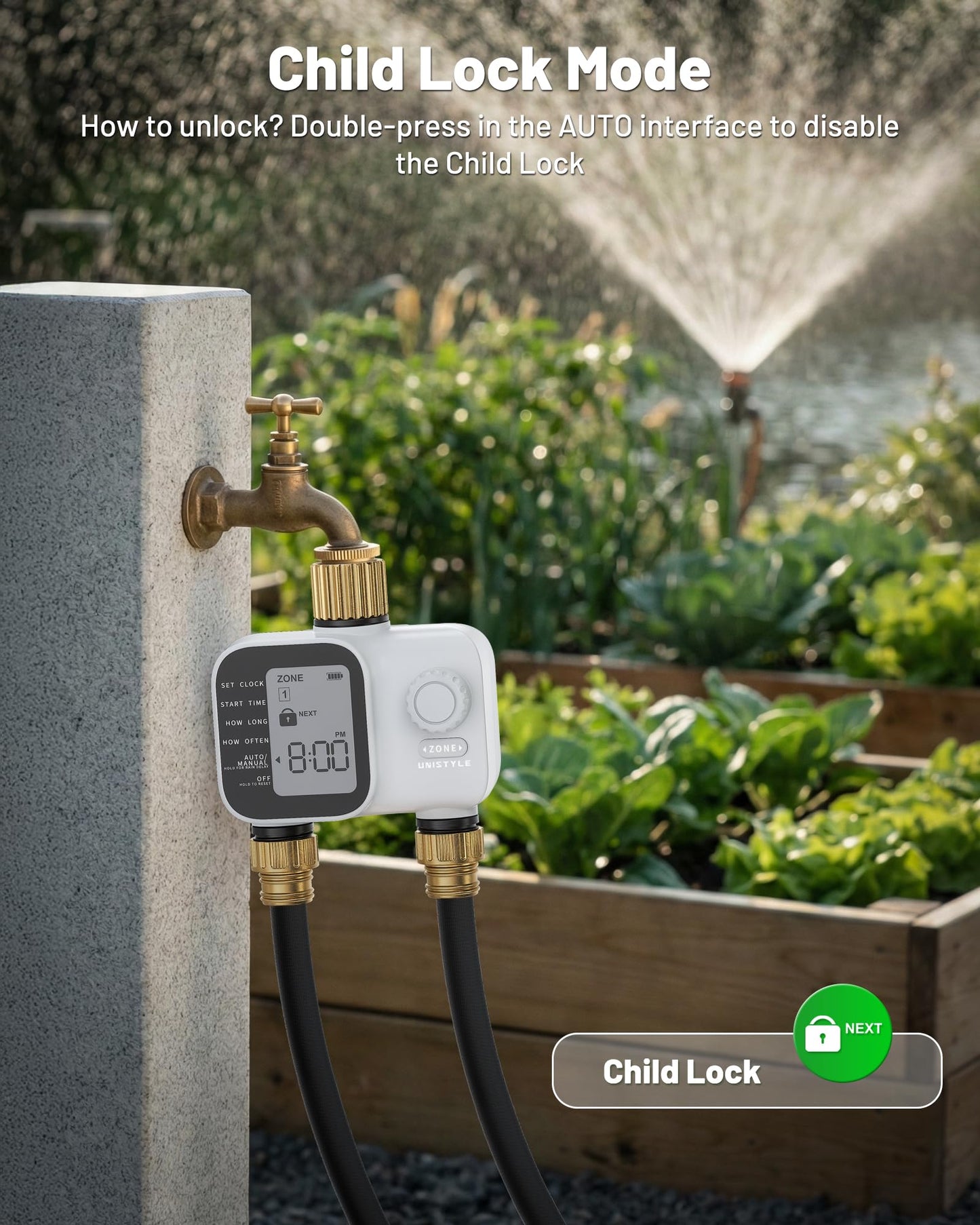2027 New Upgrade Sprinkler Timer 2 Zone with Brass Inlet, Unistyle Water Timer for Garden Hose with Rain Delay and Manual Water/Automatic Irrigation, Hose Timers for Yard and Lawn Patio