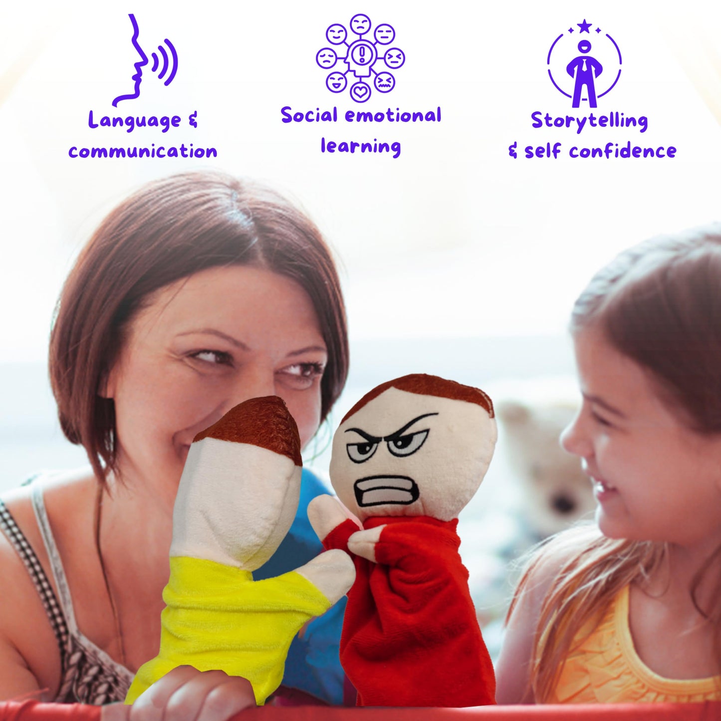 6 Pack Feeling Hand Puppets for Kids with 6 Core Emotions, with Moveable Arms, Soft Plush Hand Puppets for Toddlers, Early Education Toys, Social Emotional Learning Activities by 4E's Novelty