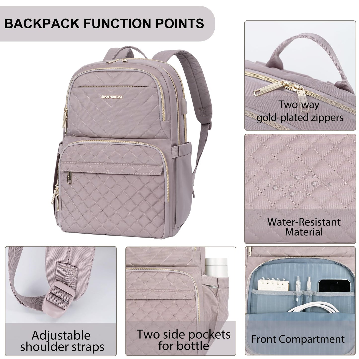 EMPSIGN Laptop Backpack Purse for Women and Men with USB Charging Port, 15.6 Inch Travel Water Resistant Quilted Backpack, High-Capacity 30L Work Business Computer Backpack, Quilted Grey Pink