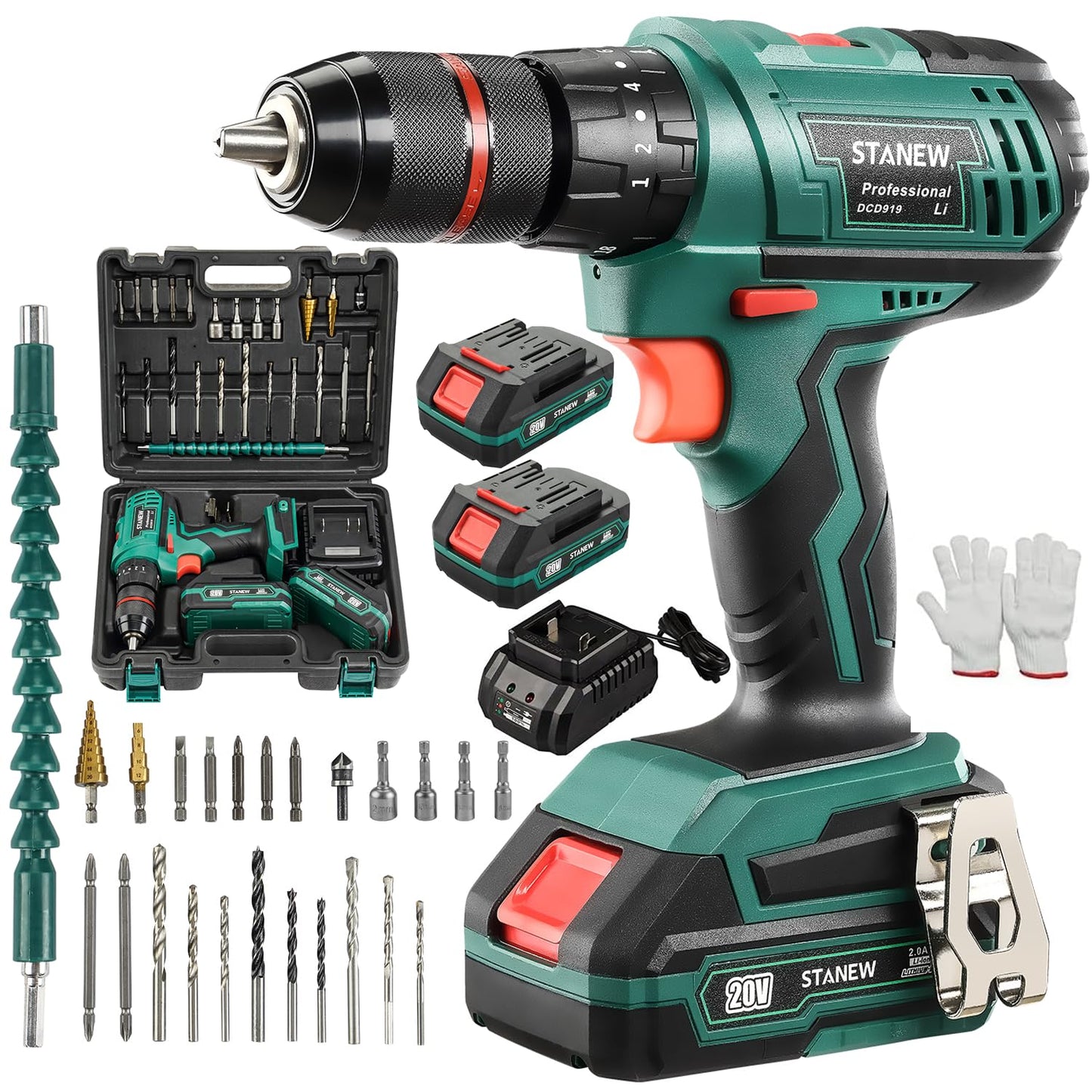 STANEW 20V MAX Impact Drill, Cordless Hammer Drill Set, Electric Screwdriver Driver Tools Kit with 2 Battery, Fast Charger 1/2" Keyless Chuck 2 Variable Speed 18+3 Torque Setting, 24 Piece Accessories