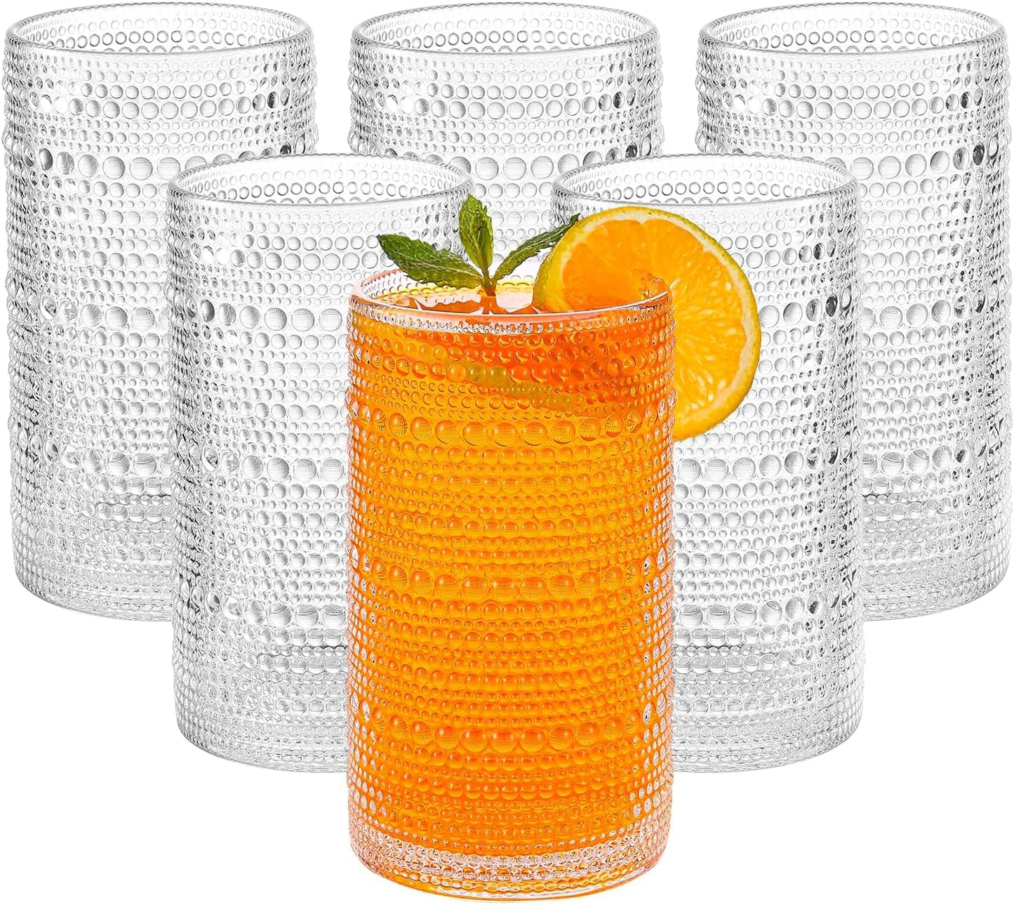 HEFBCOMK Vintage Hobnail Drinking Glasses Set of 6, 16 oz Large Capacity Embossed Clear Tumblers, Highball Glasses for Water, Cocktail, Beer, Whiskey, Juice and Various Mixed Drinks