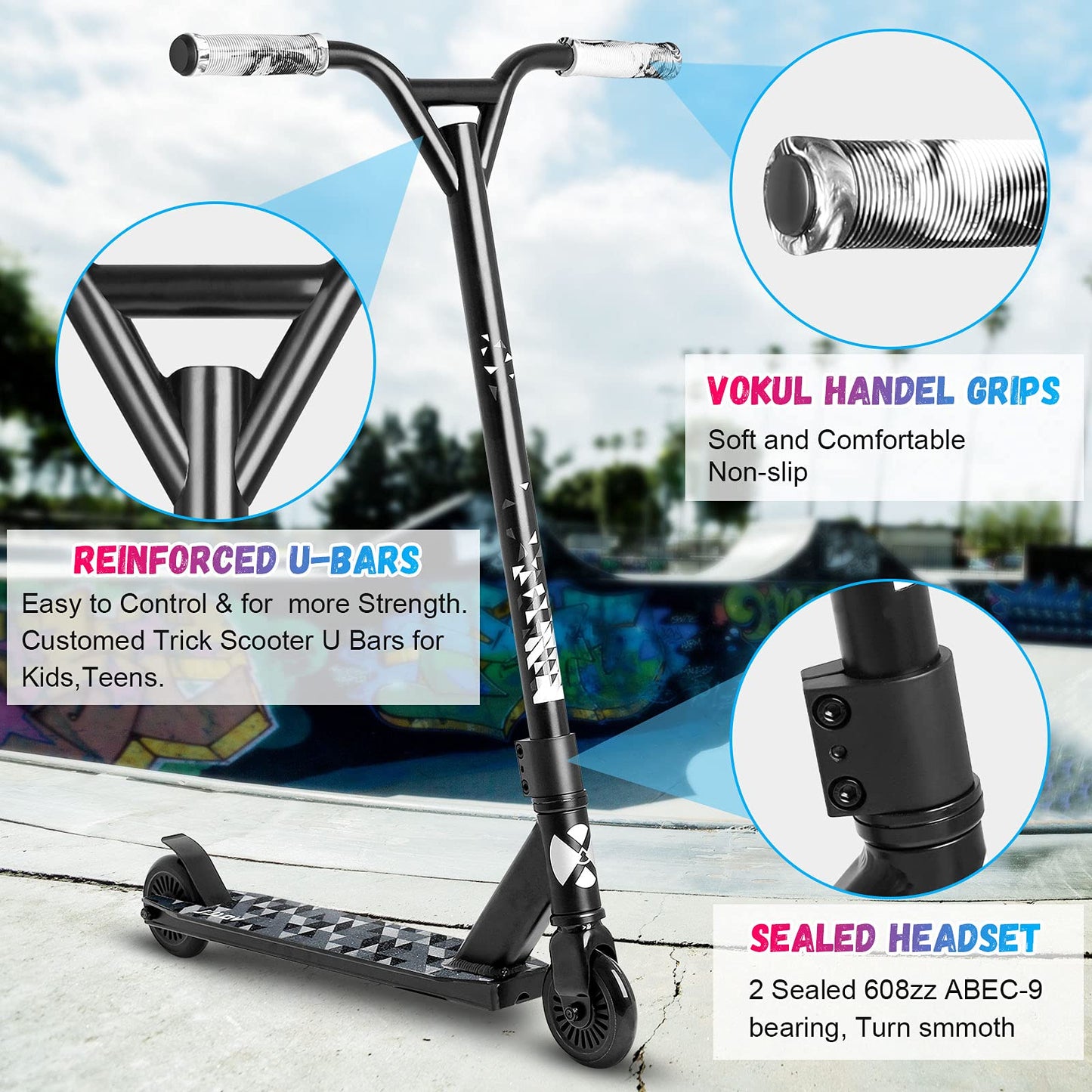 VOKUL Pro Trick Scooter for Kids 6 Years Up & Teens - Stylish Entry Level Stunt Freestyle Scooter with Stable Performance for Boys,Girls(New/Black)