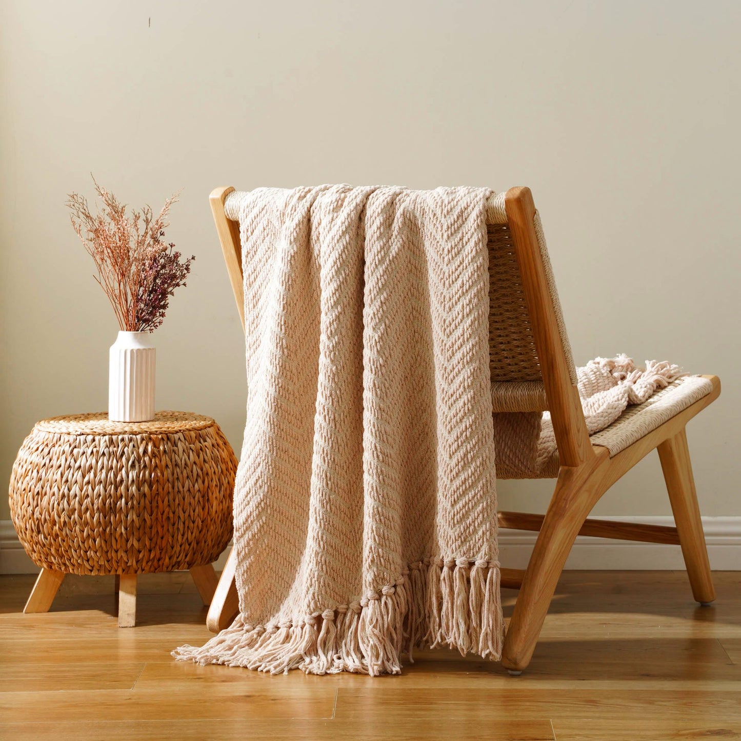 BATTILO HOME Beige Throw Blankets for Couch Bed Sofa, Textured Solid Soft Knitted Throw Blanket with Tassels, Warm Cozy Couch Blanket Large Bed Throws, 60"x80"