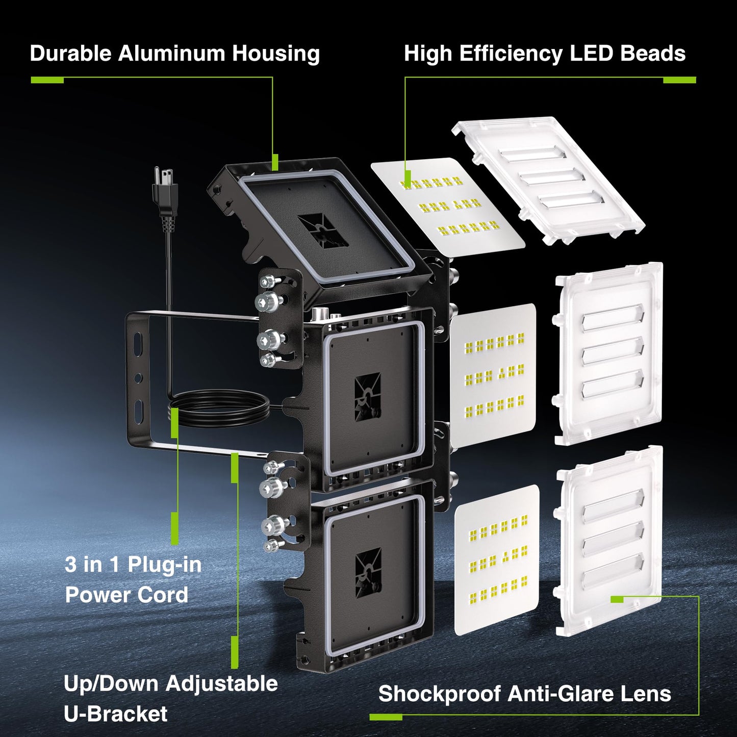 STASUN 150W LED Flood Light with Plug, Mini Series Outdoor Floodlight, 15000LM 6000K Daylight White, IP66 Waterproof, 3 Adjustable Heads, LED Exterior Flood Light for Backyard, Driveway, Garage, Patio