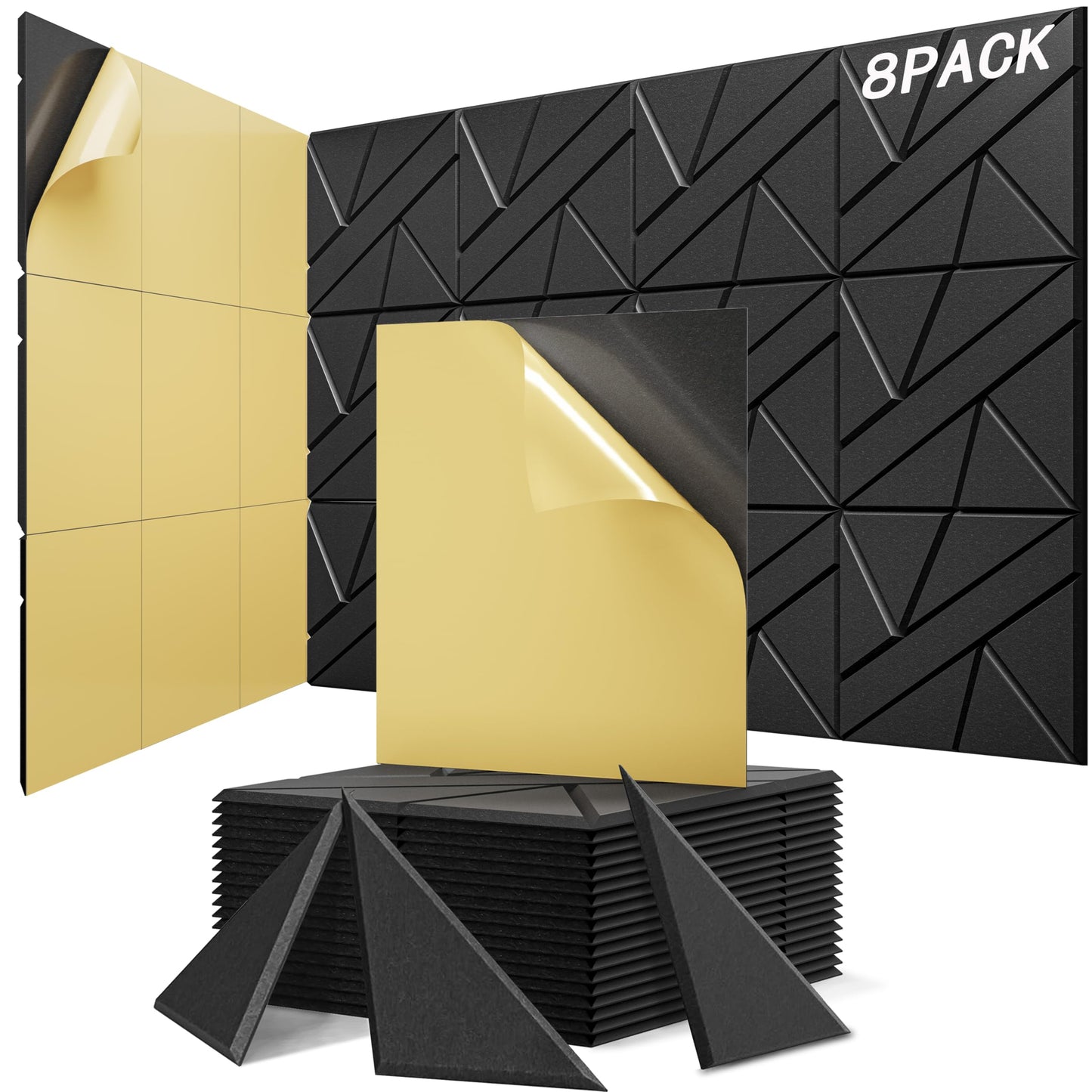 Self-Adhesive Soundproof Wall Panels, High Density, Thicker Acoustic Panels, Noise Dampening Panels Studio Black (8 Pack)