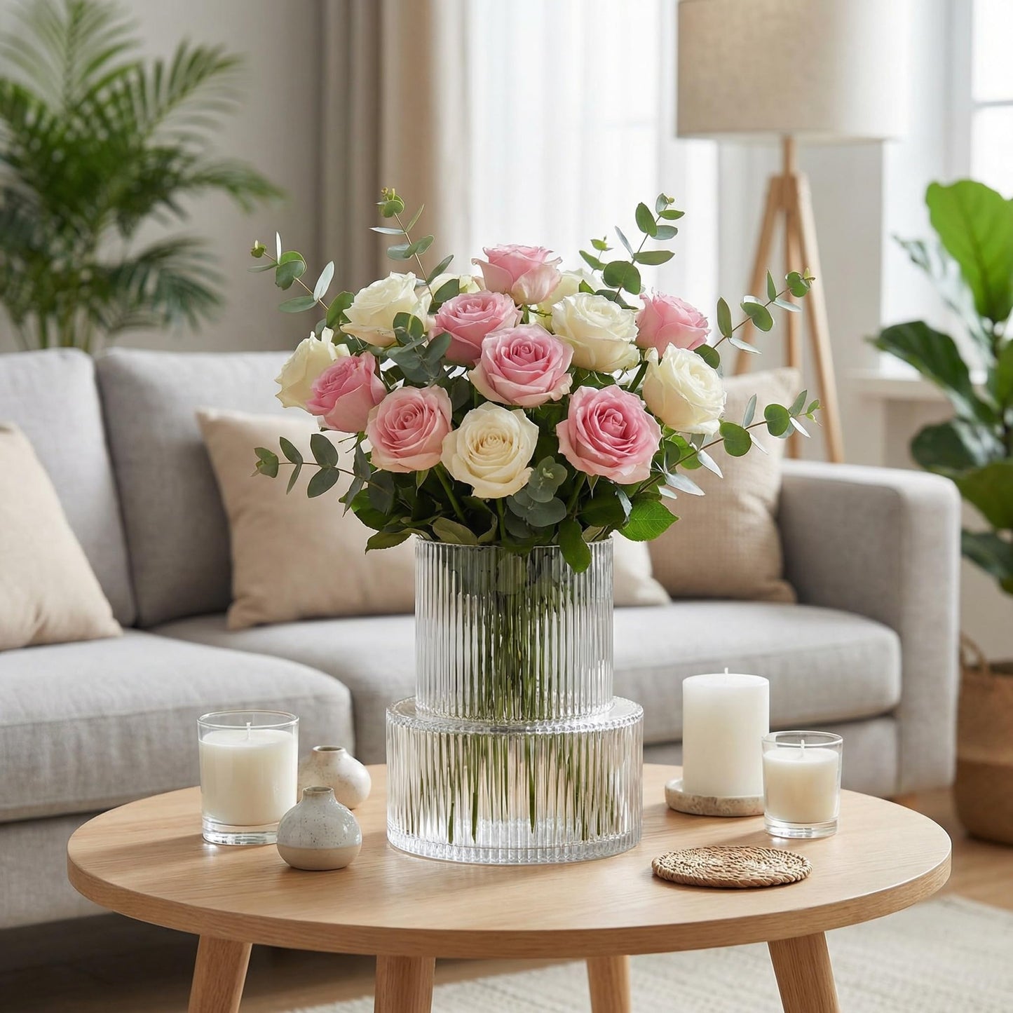 YANWE1 Clear Glass Vase, Ribbed Vase, Fluted Glass Vase, Flower Vase, Modern Vase for Centerpieces, Decorative Vase for Living Room, Dining Table, Entryway, Mantle, Shelf, Wedding, Office, 7.5 Inches