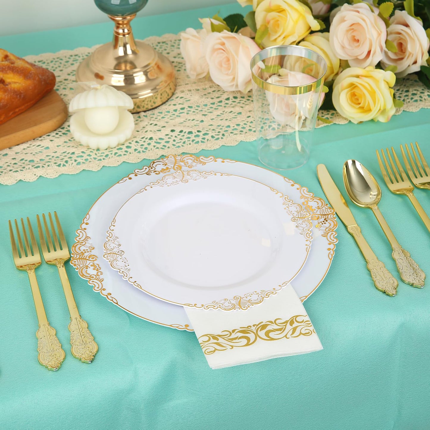 175PCS Gold Plastic Dinnerware White and Gold Plastic Plates for Party Include 25 Dinner Plates, 25 Dessert Plates, 25 Forks, 25 Spoons, 25 Knives, 25 Cups 25 Linen Napkins for Wedding, Birthday